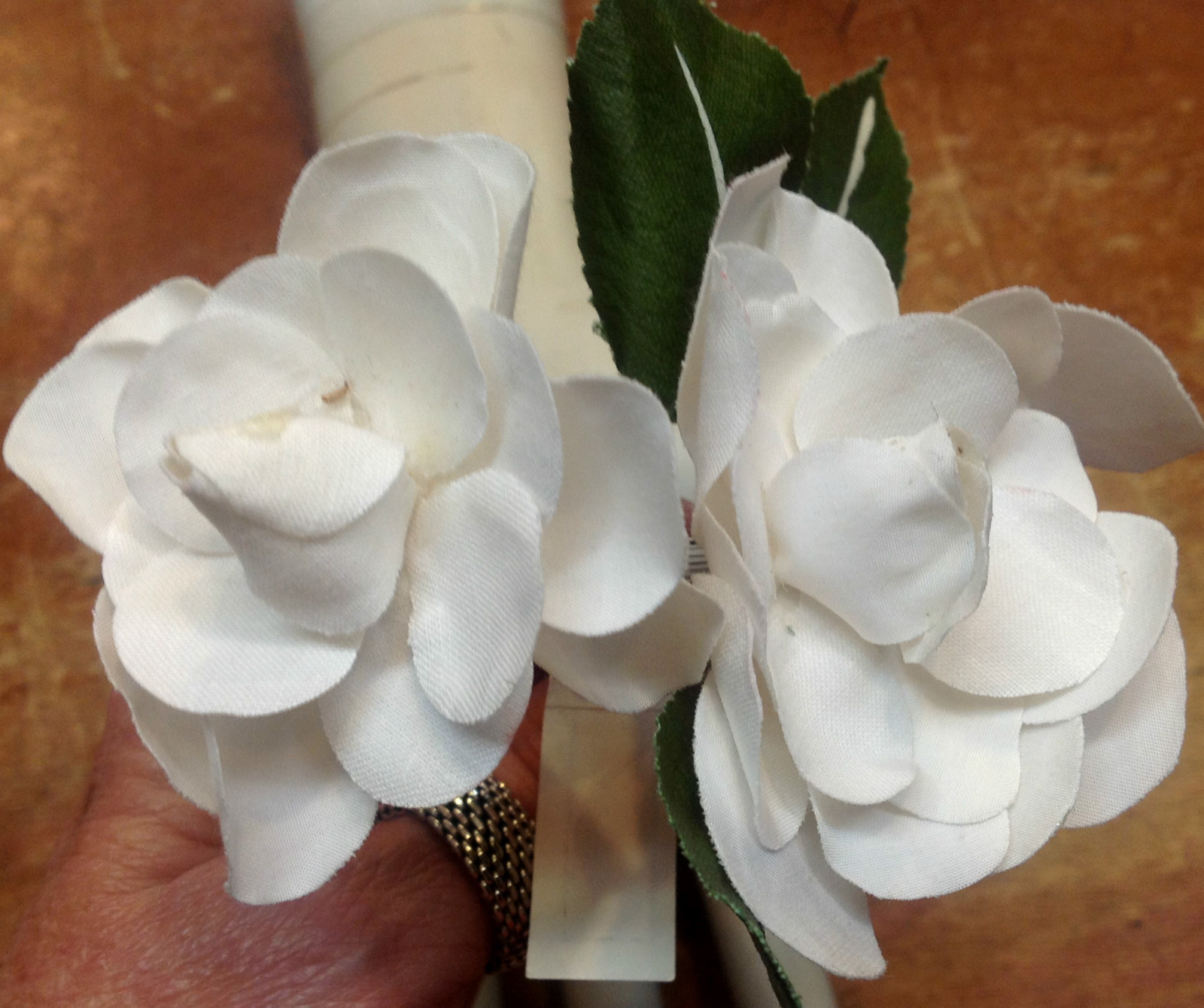 vintage linen silk white double gardenia leaves made in Czechoslovakia 1 spray