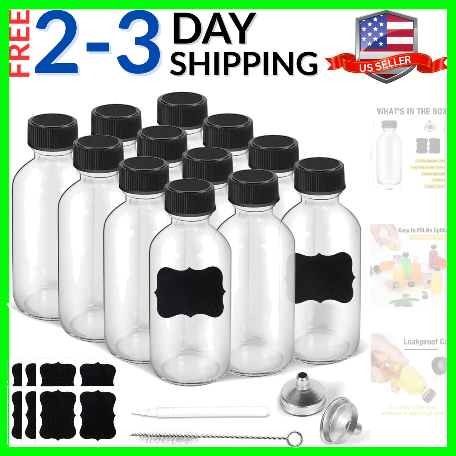 2oz Small Clear Glass Bottles with Lids, 2 Stainless Steel Funnel, 12 Labels,…
