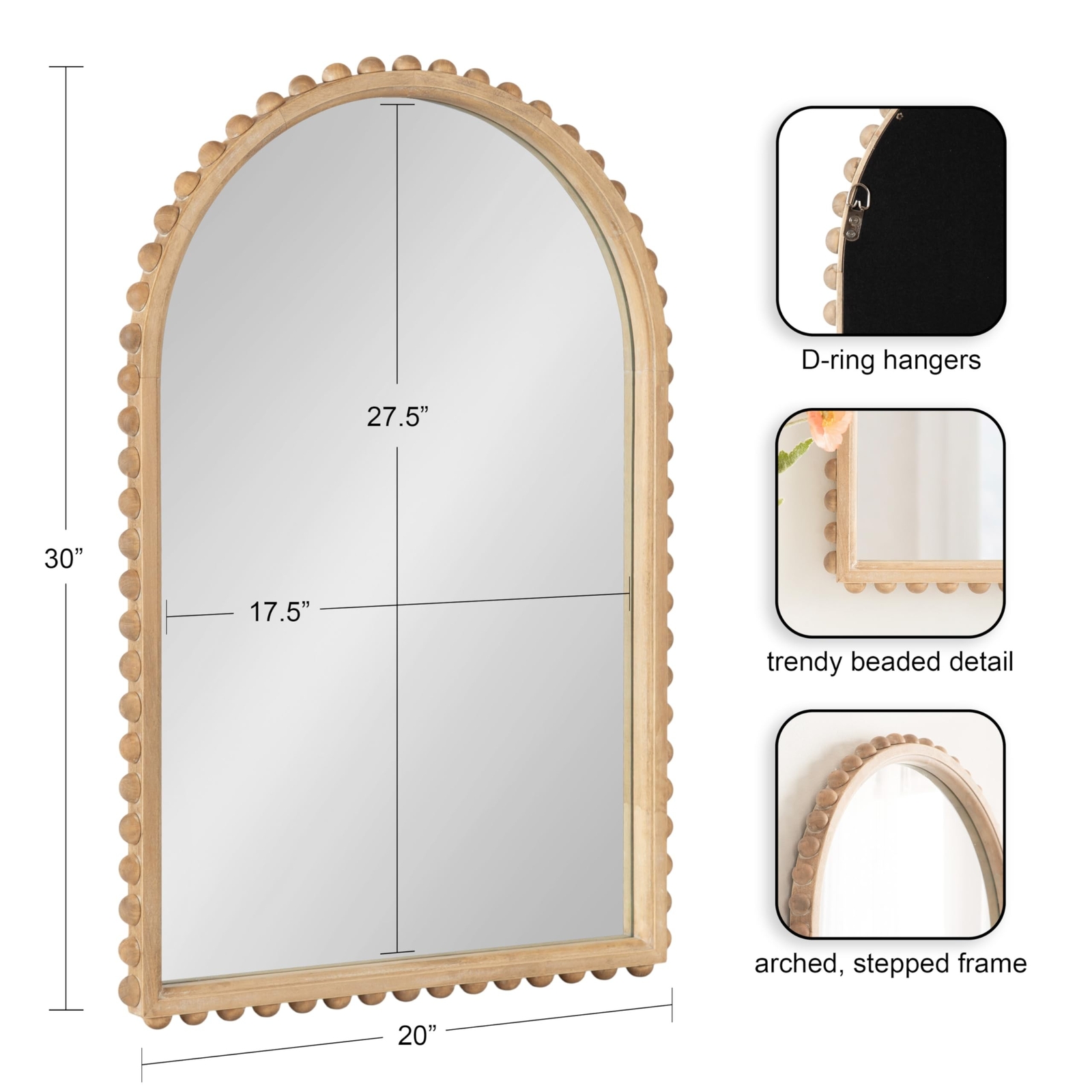 Kate and Laurel Beadbrook Modern Beaded Arched Mirror, 20 x 30, Natural Wood,…