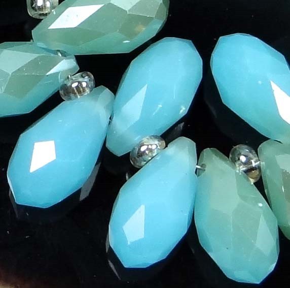 25 Czech Glass Faceted Teardrop Beads – Luster – Turquoise Blue 1/2 Coat 11x6mm