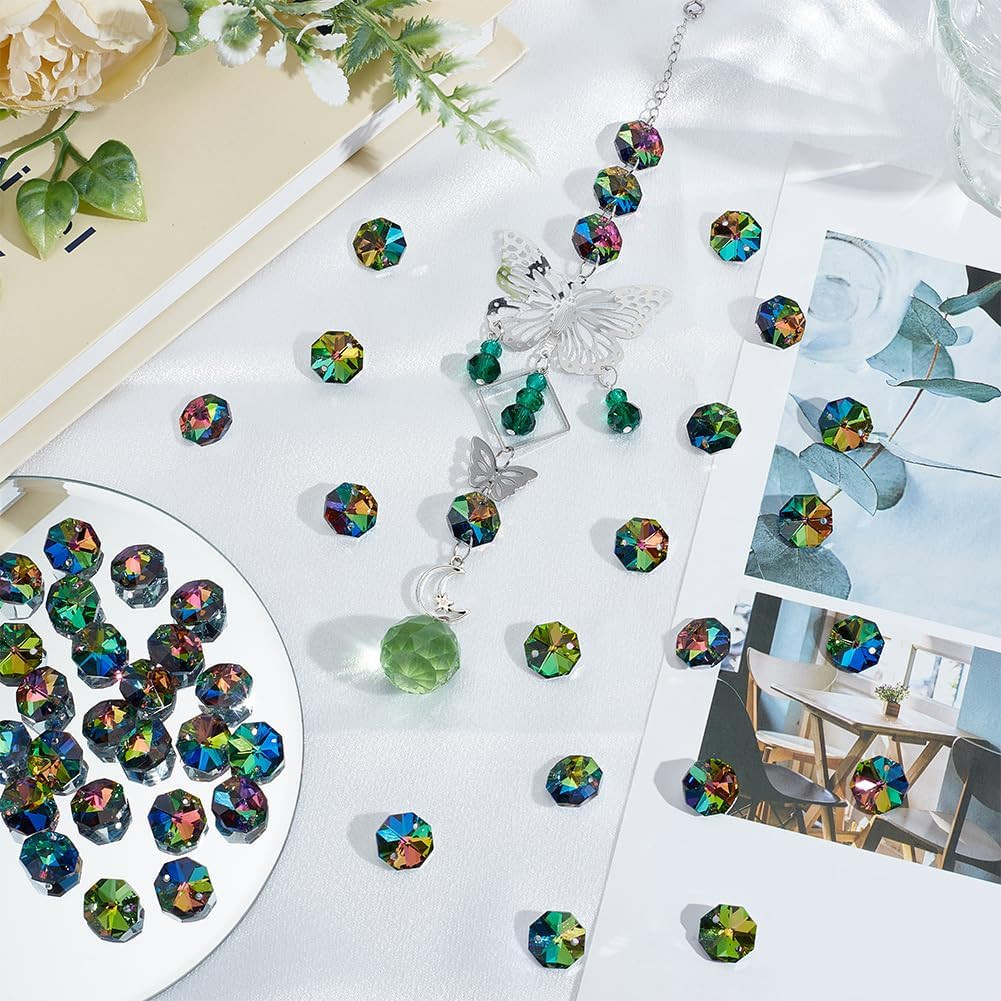 120Pcs Colorful 14Mm Octagonal Crystal Beads 2 Holes Glass Octagon Prism Beads