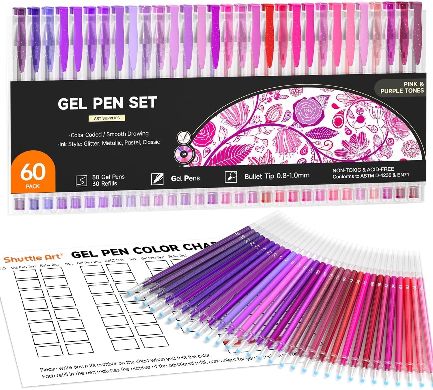 60 Pack Tone , Pink Purple Gel Pens with 30 Refills for Adults Coloring Books…