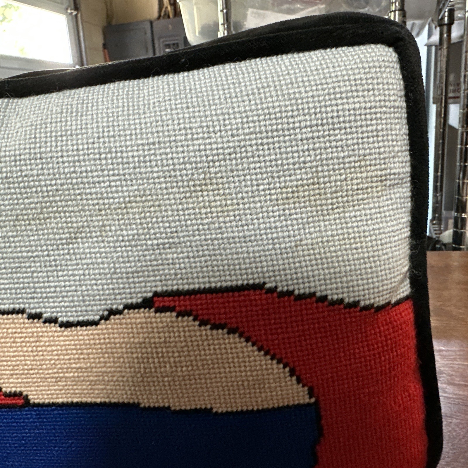 Vintage Needlepoint Pillow Modern art Style reclining Women 13x9x2 as is