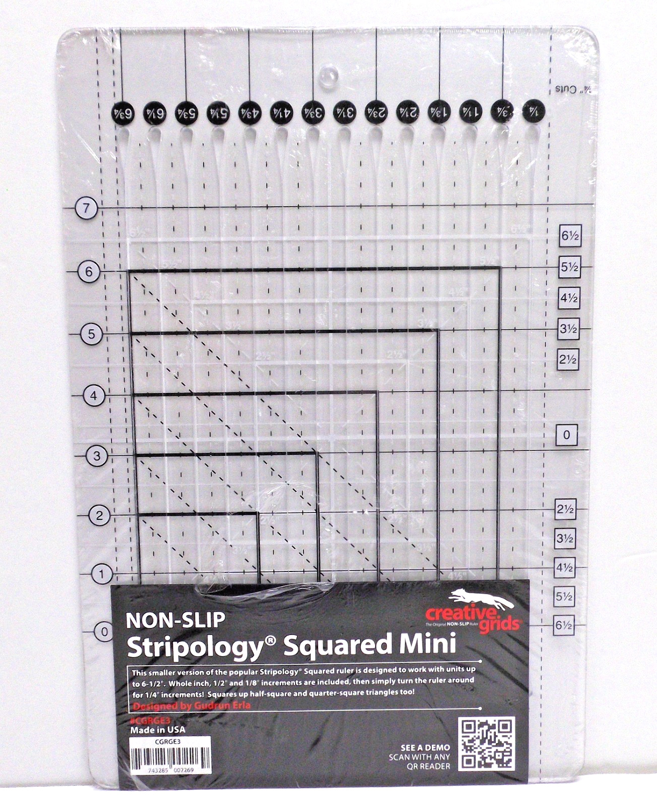 CREATIVE GRIDS Stripology SQUARED Mini RULER, Quilting, Non Slip, CGRGE3. USA.