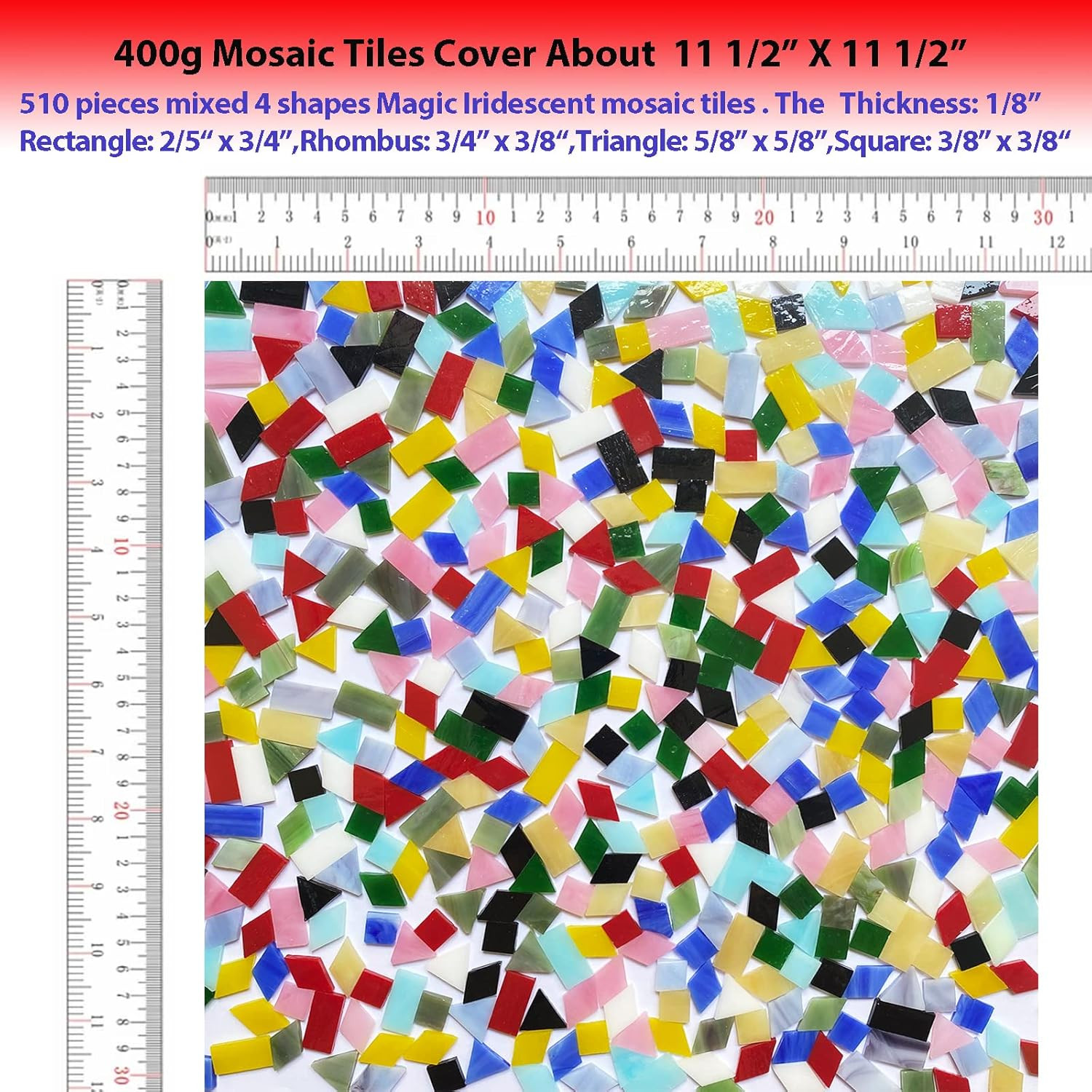 510 Pieces Iridescent Glass Mosaic Tiles for Crafts, Mixed 4 Shapes Colorful