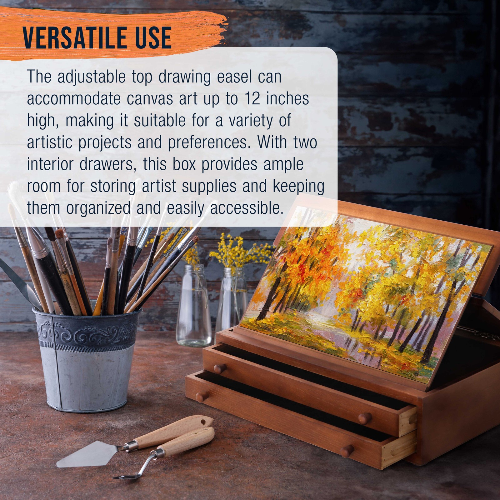 US Art Supply 2-Drawer Adjustable Wooden Storage Box with Fold Up Drawing Easel