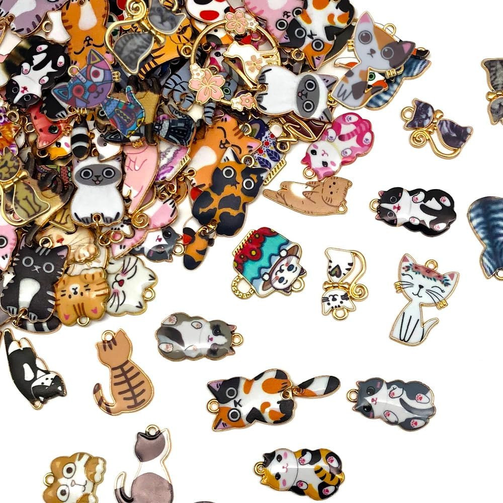 120Pc Assorted Enamel Bracelet Cat Charms for Jewelry Making Crafts DIY Necklace