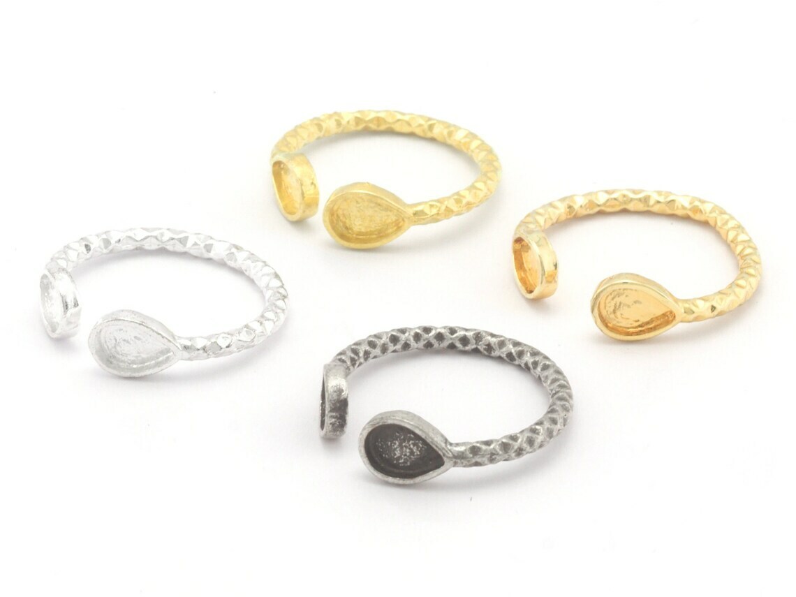 Pear Tear Drop Ring Base Adjustable Bezel Gold,Raw Brass,Shiny Silver-Gold 4332