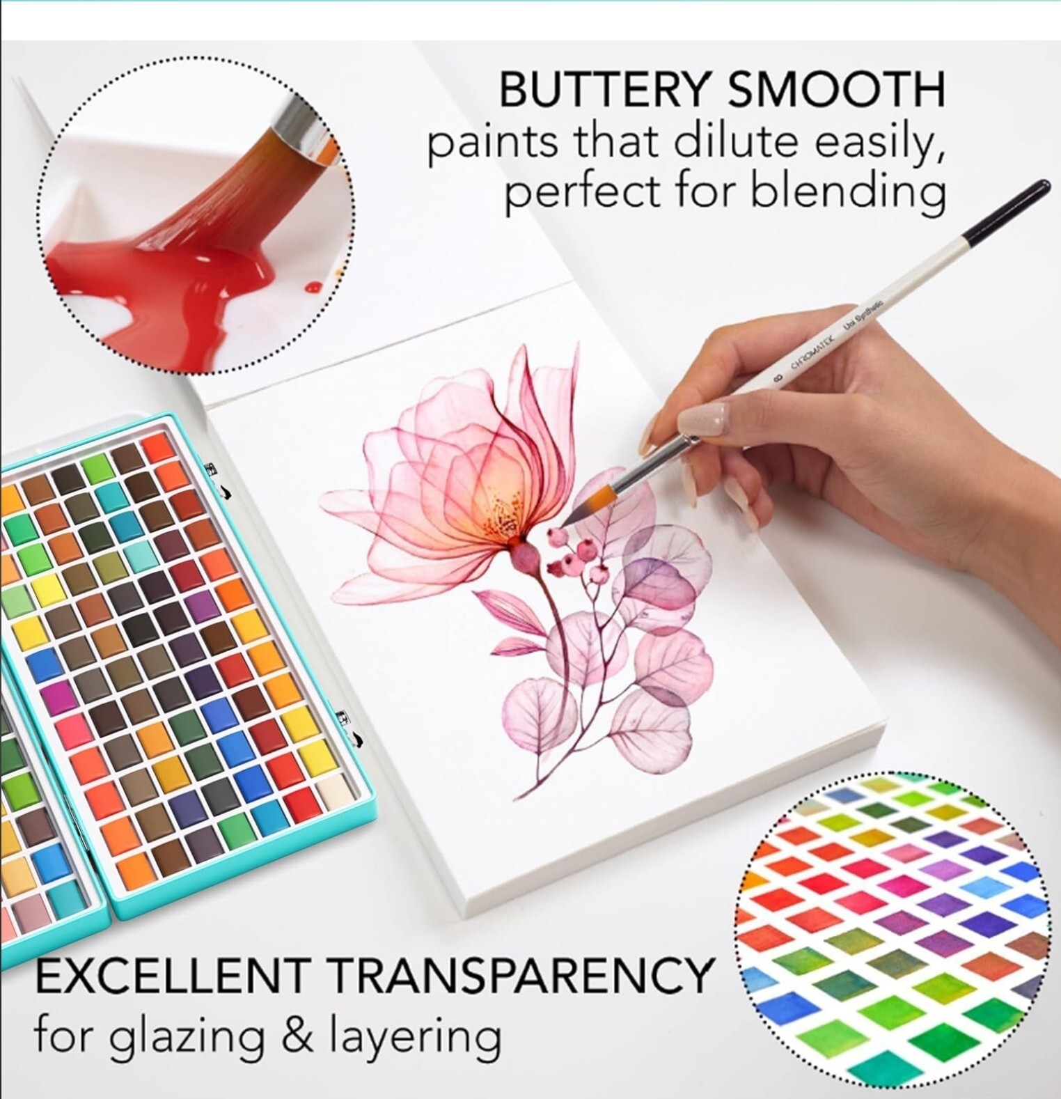 CHROMATEK Watercolor Paint Set, 128 Vivid Colors in Portable Box With Pad, Brush