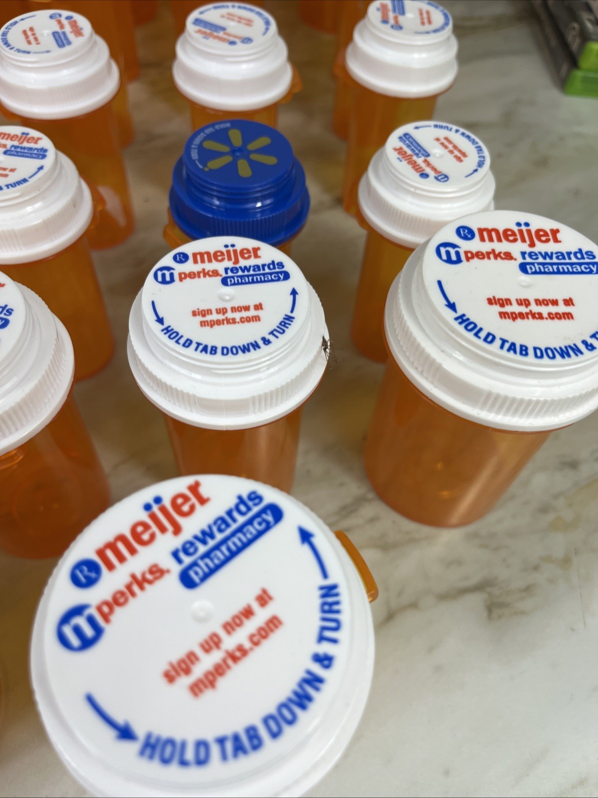 Lot Of 61 Empty medicine Bottles All amber Minus 2 Blue, Various Sizes