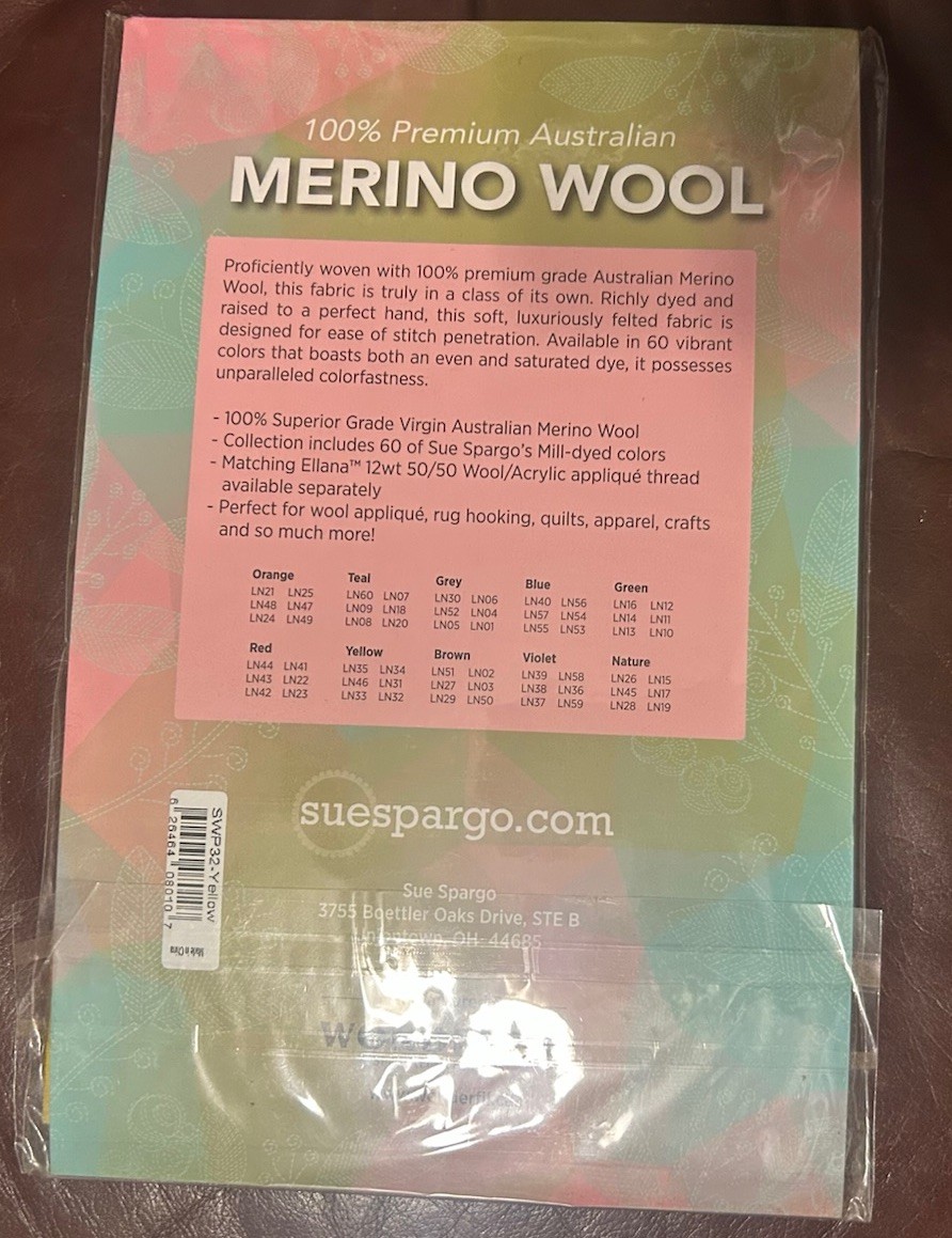 Sue Spargo Merino Wool Fabric Pack – YELLOW – 1/32 – 9″x 7″ – 6 pieces