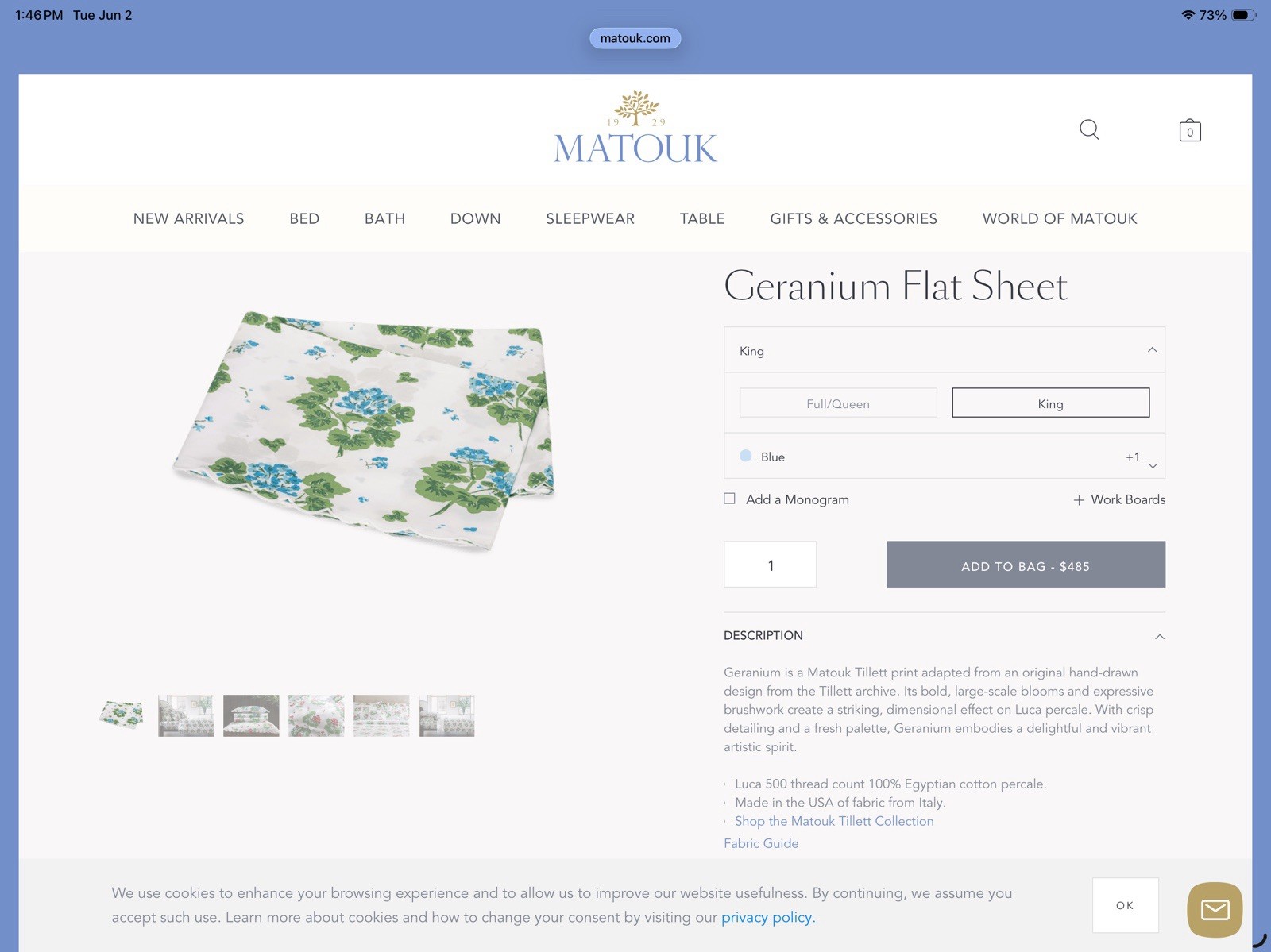 $158 Matouk Italy New 500TC Cotton Percale 120” Geranium By YARD Fabric Blue