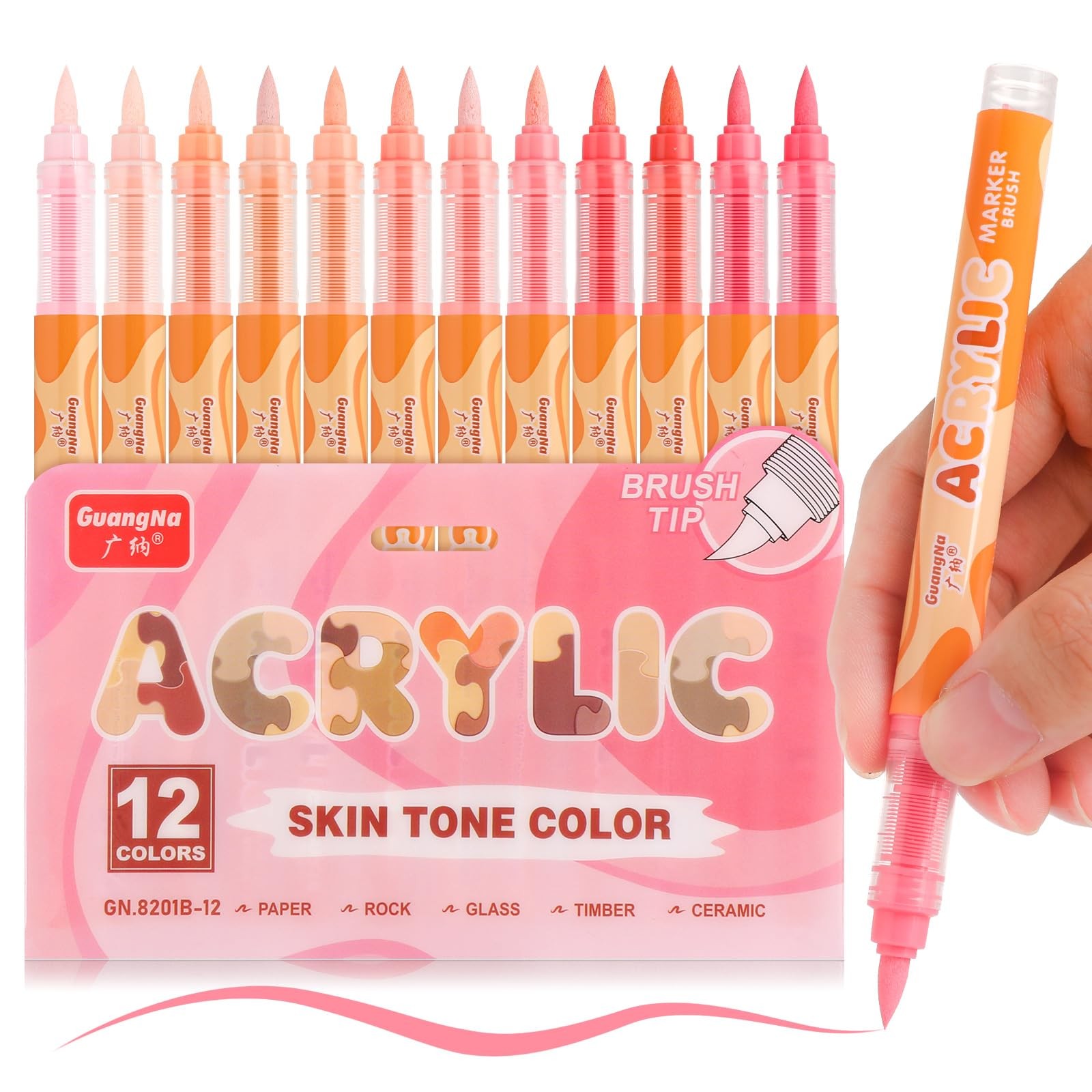 Guangna Acrylic Paint Markers 12 Colors, Skin Tone Series Set with Soft Brush Ti