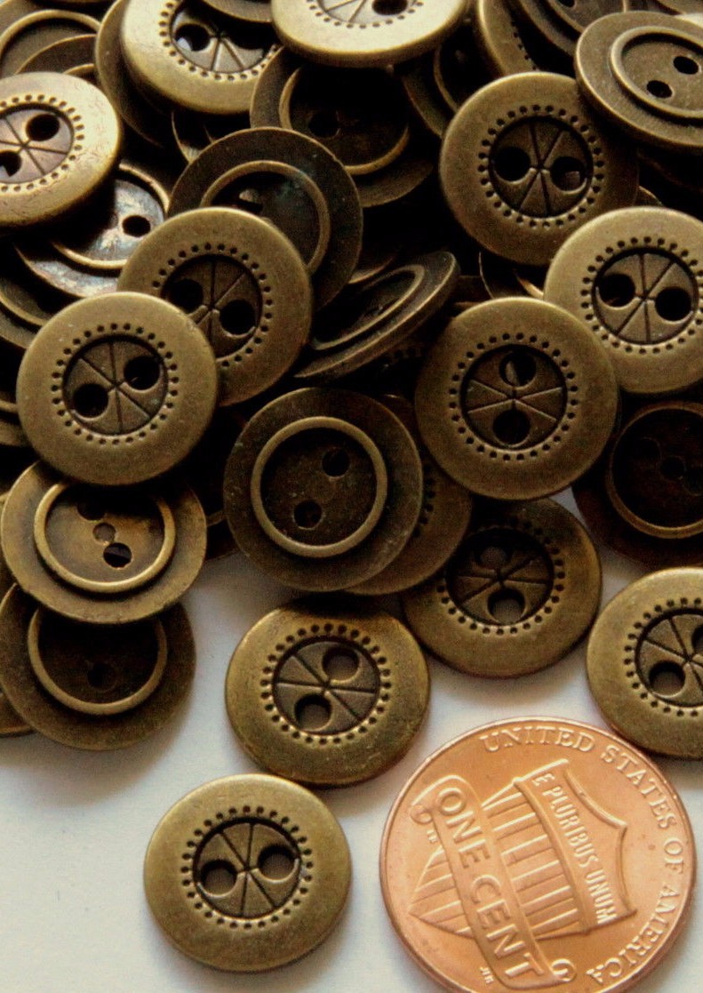 12 New Small Antiqued Brass Tone Metal Sew Through Buttons 1/2″ 13MM Lot # 2424