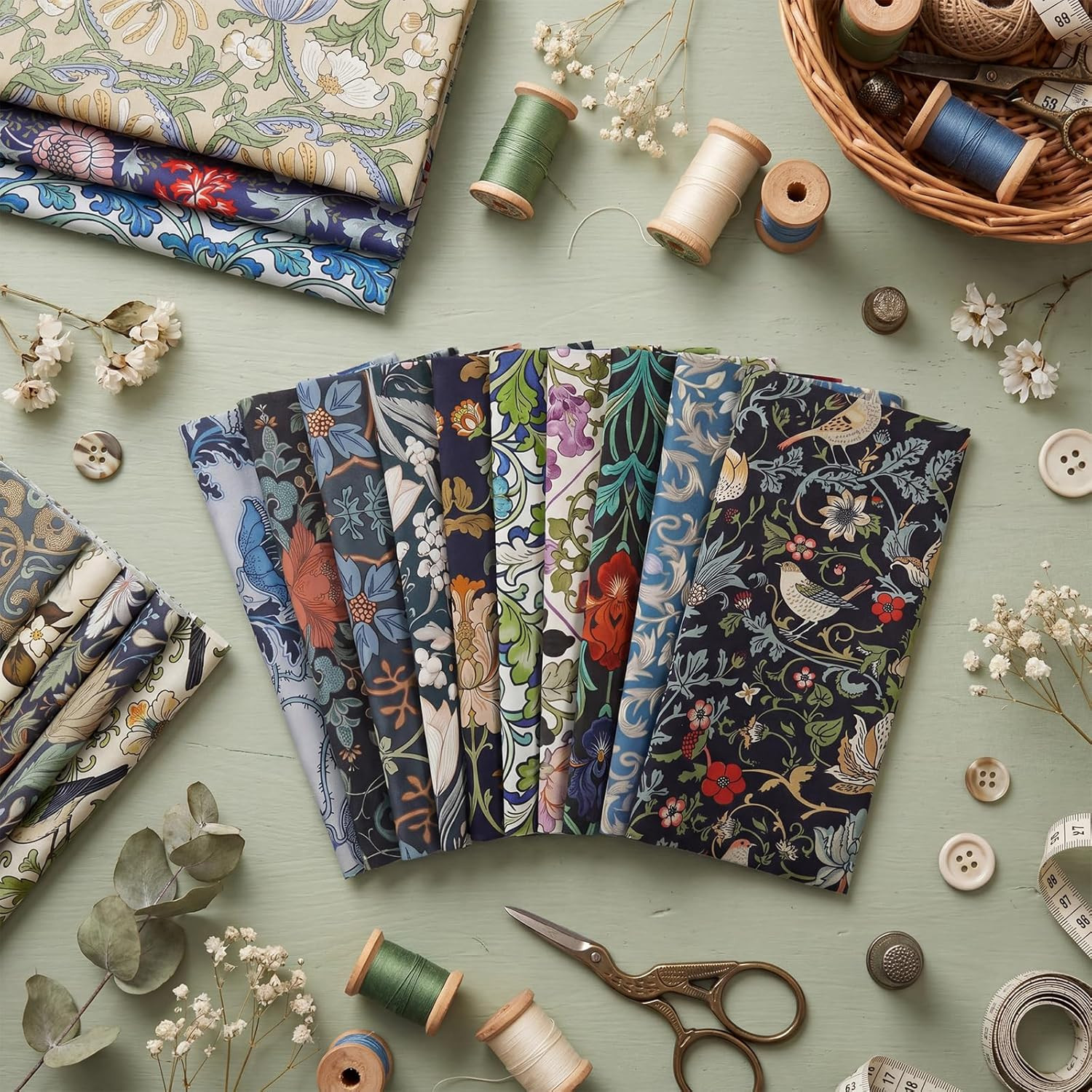 25 Pcs William Morris Flower Quilting Fabric Squares 10×10 Cotton Precut Kit