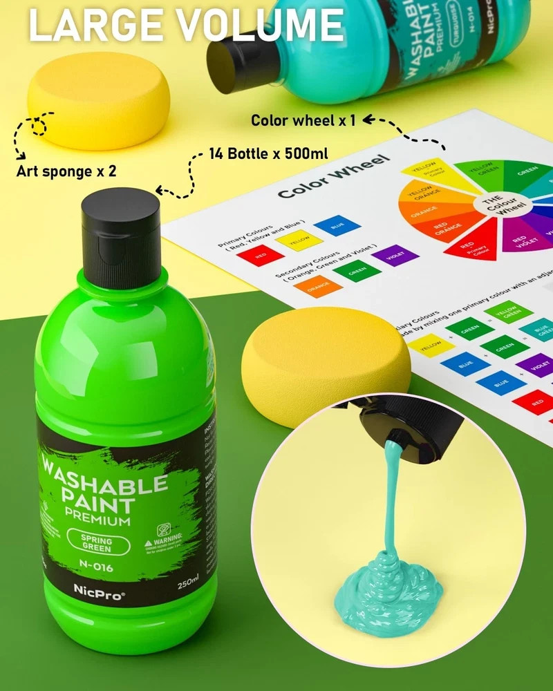 Nicpro 18 Colors Large Washable Paint Set for Kid 8.4oz,250 ml, Acrylic Bulk