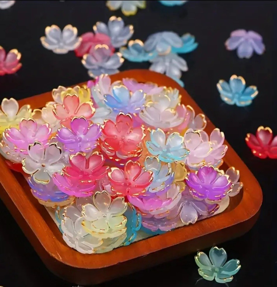 50 Blossom Beads For Jewelry Making Diy Flower End Caps Mixed Colors Gold Edges.
