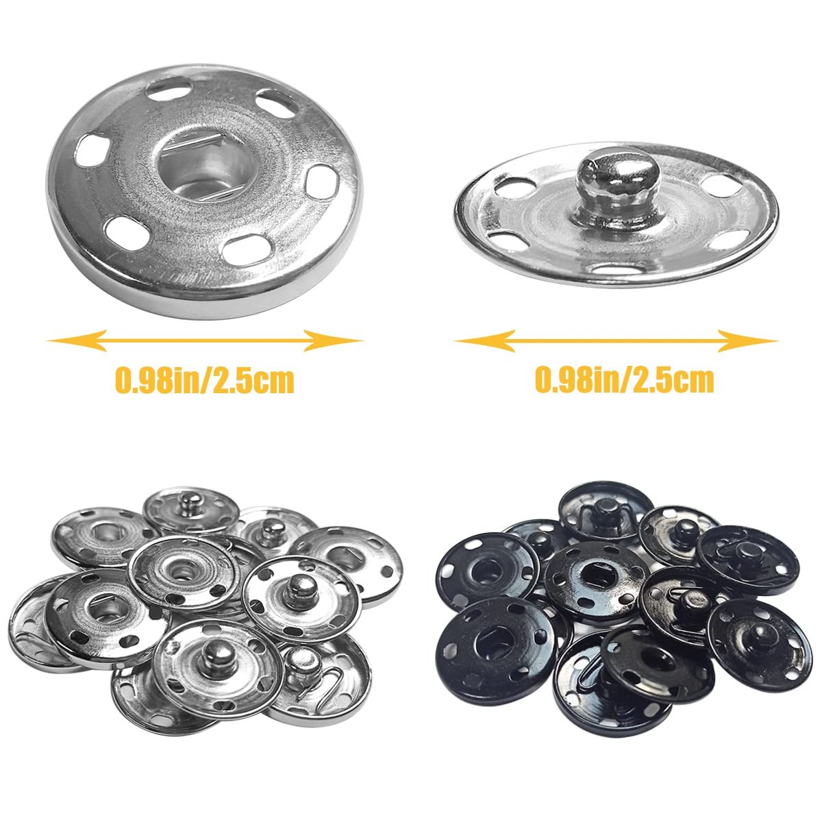 12 Sets Metal Sew on Snap Buttons 25mm Dia 25 millimeters, black, silver