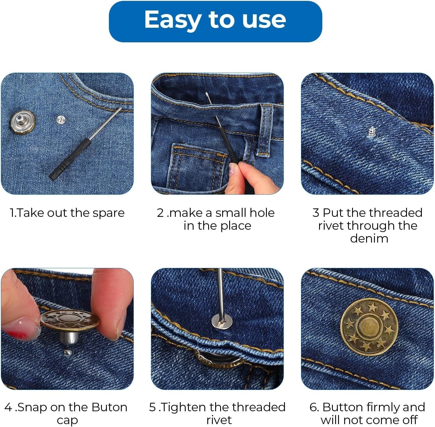 16 Sets Adjustable Buttons for Jeans, 20Mm No Sew Instant Metal Jeans Button Rep