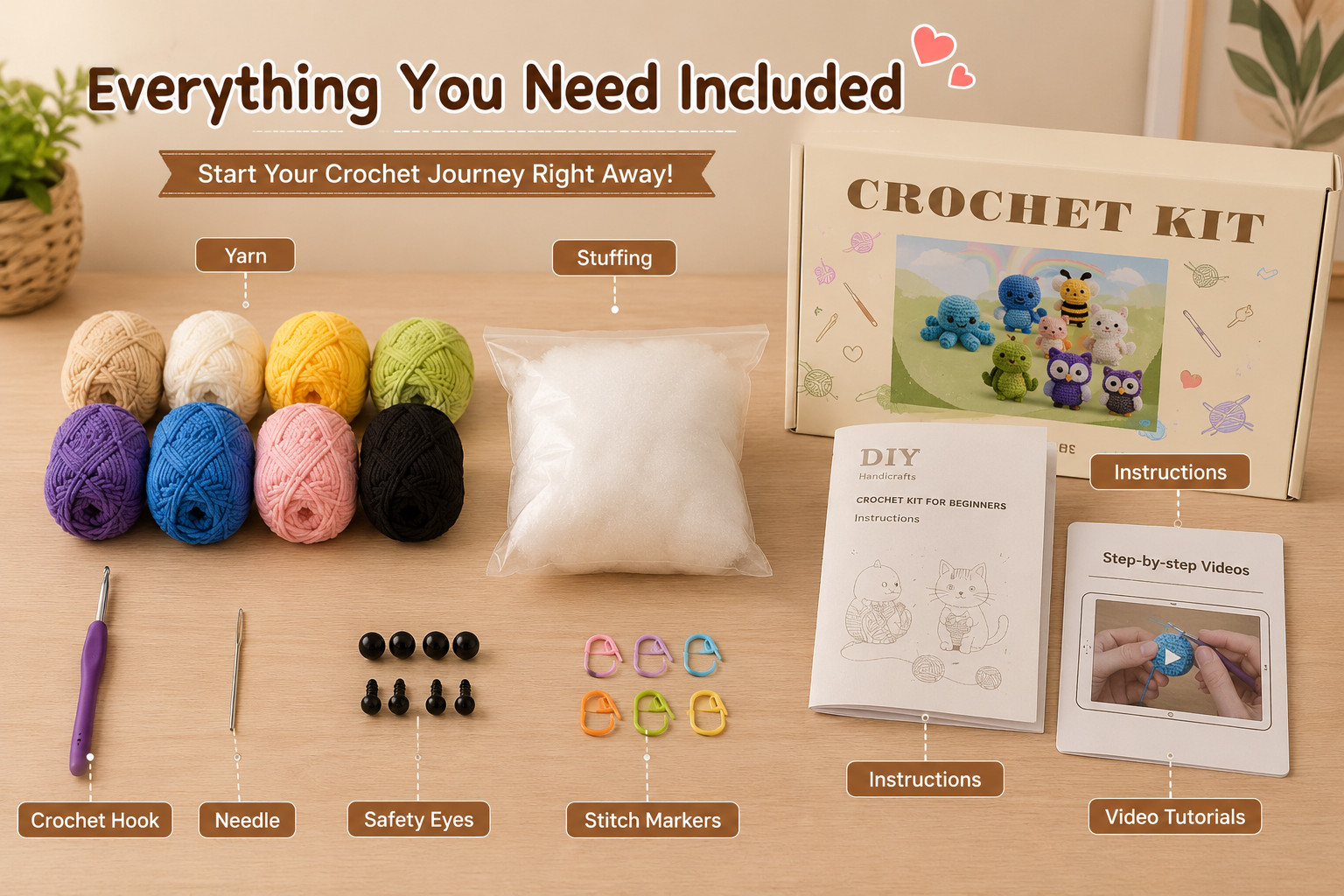 6PCS Crochet Kit for Beginners Animal Amigurumi DIY Craft Set w/ Videos