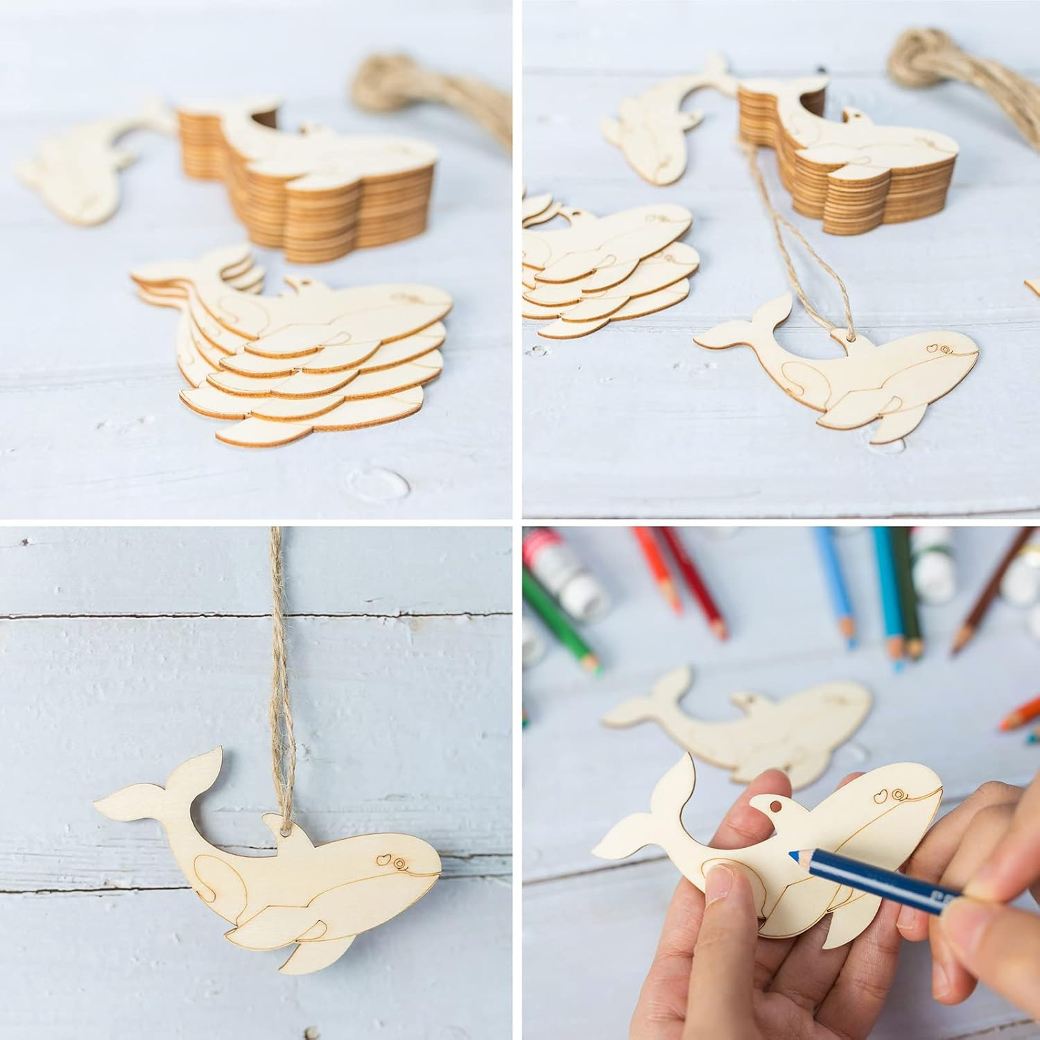 Whale Shaped Wood Fish Wooden Cutout Blank Slices Wooden Tags with Twines Art Or