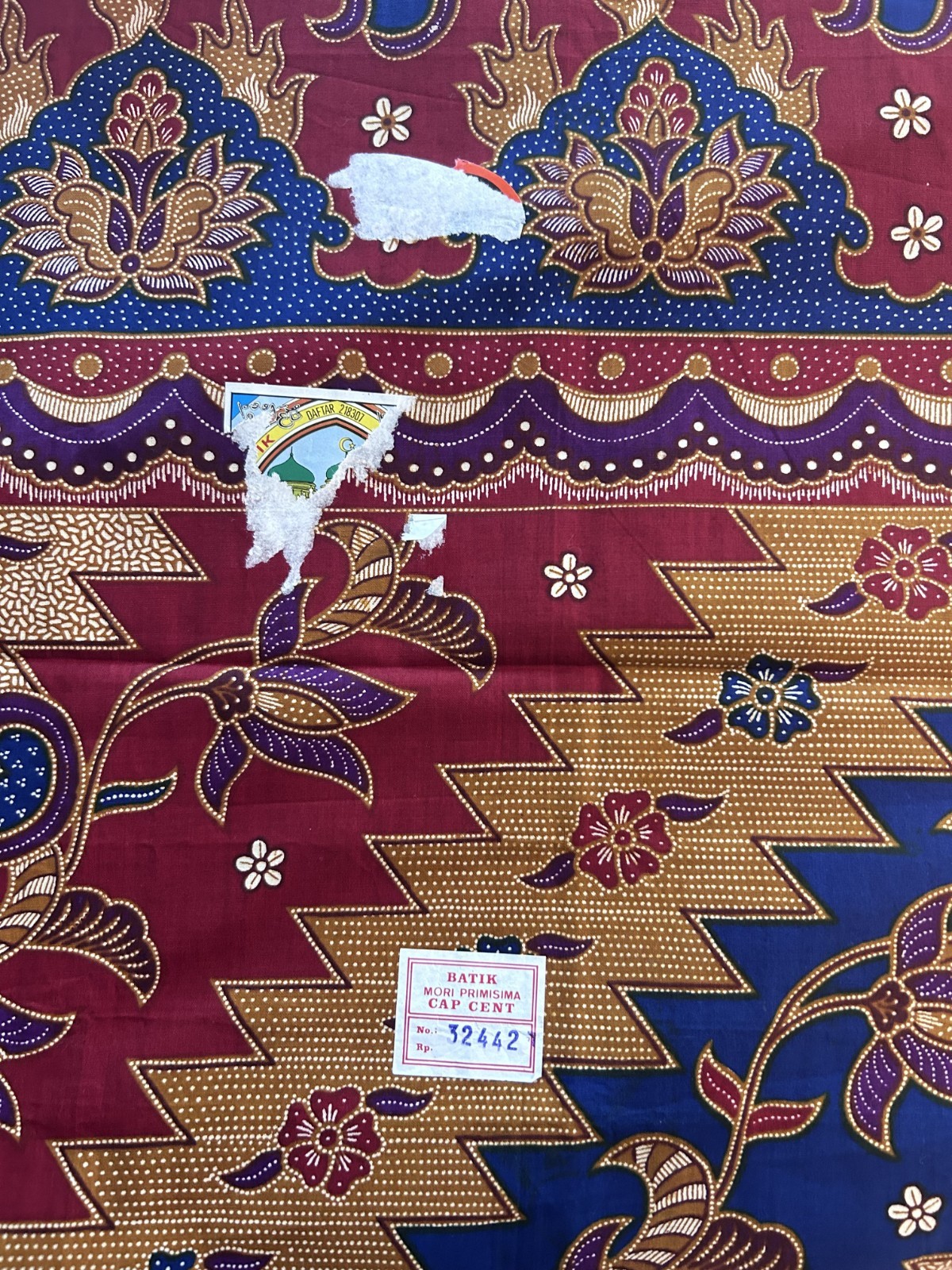 Vintage Indonesian Batik Fabric Cotton Floral Geometric Blue & Red Sarong 75×46