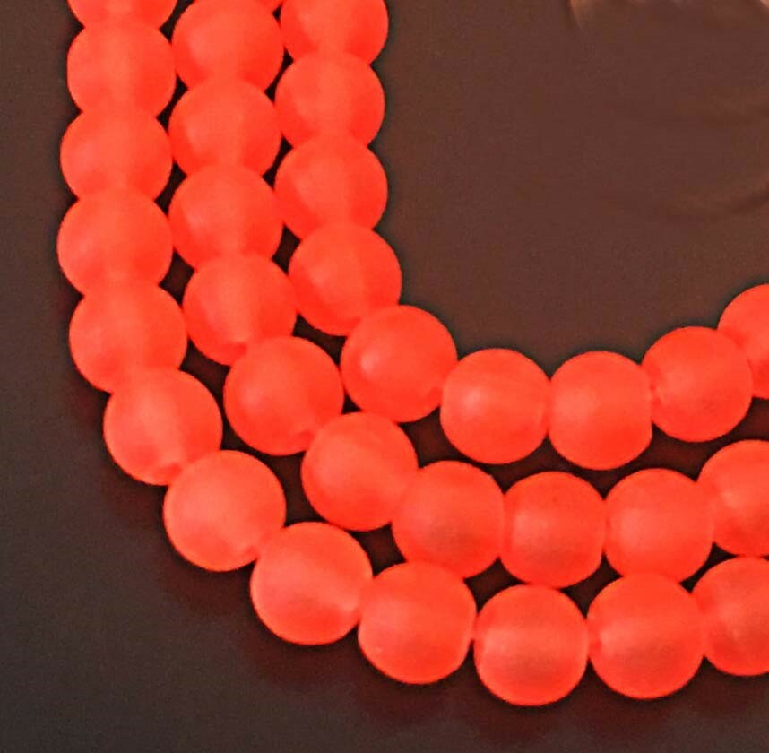 50 Czech Frosted Sea Glass Round Beads – Matte – Orange red Vivid Tangelo 6mm