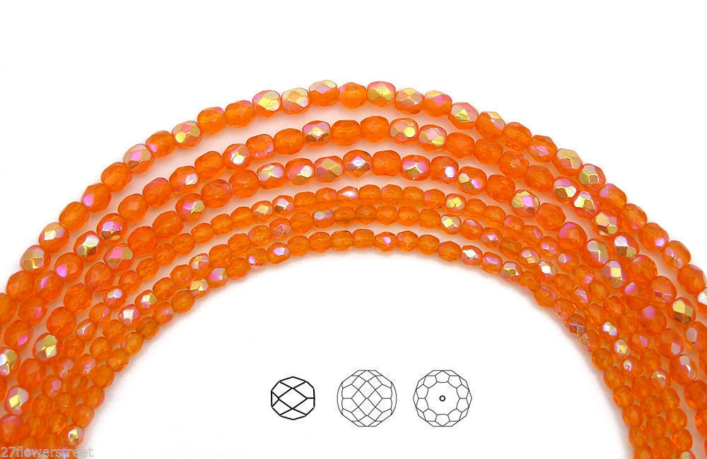 Czech Fire Polished Round Faceted Beads in Sun AB coated, 16″ strand orange AB