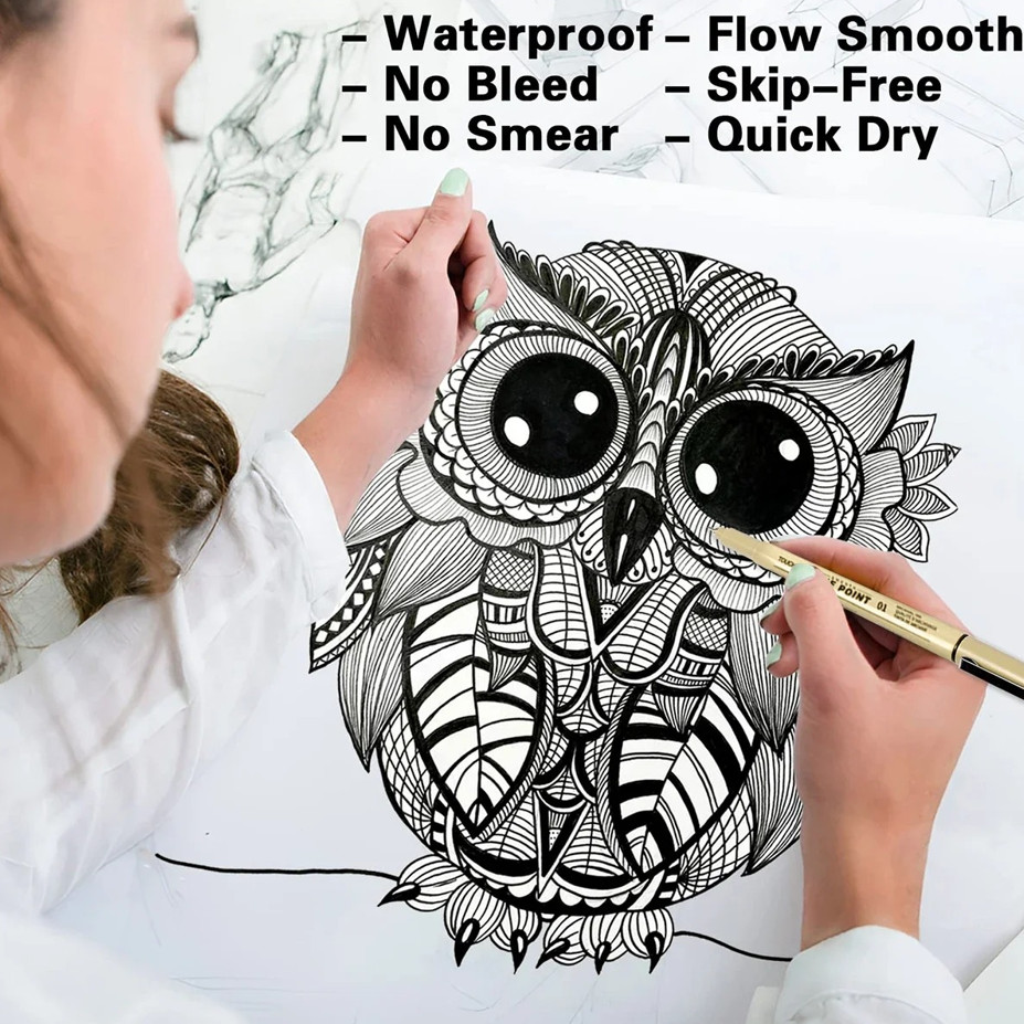 9pcs Fineliner Sketch Pen Set – Black Hook & Needle Tip Drawing Markers