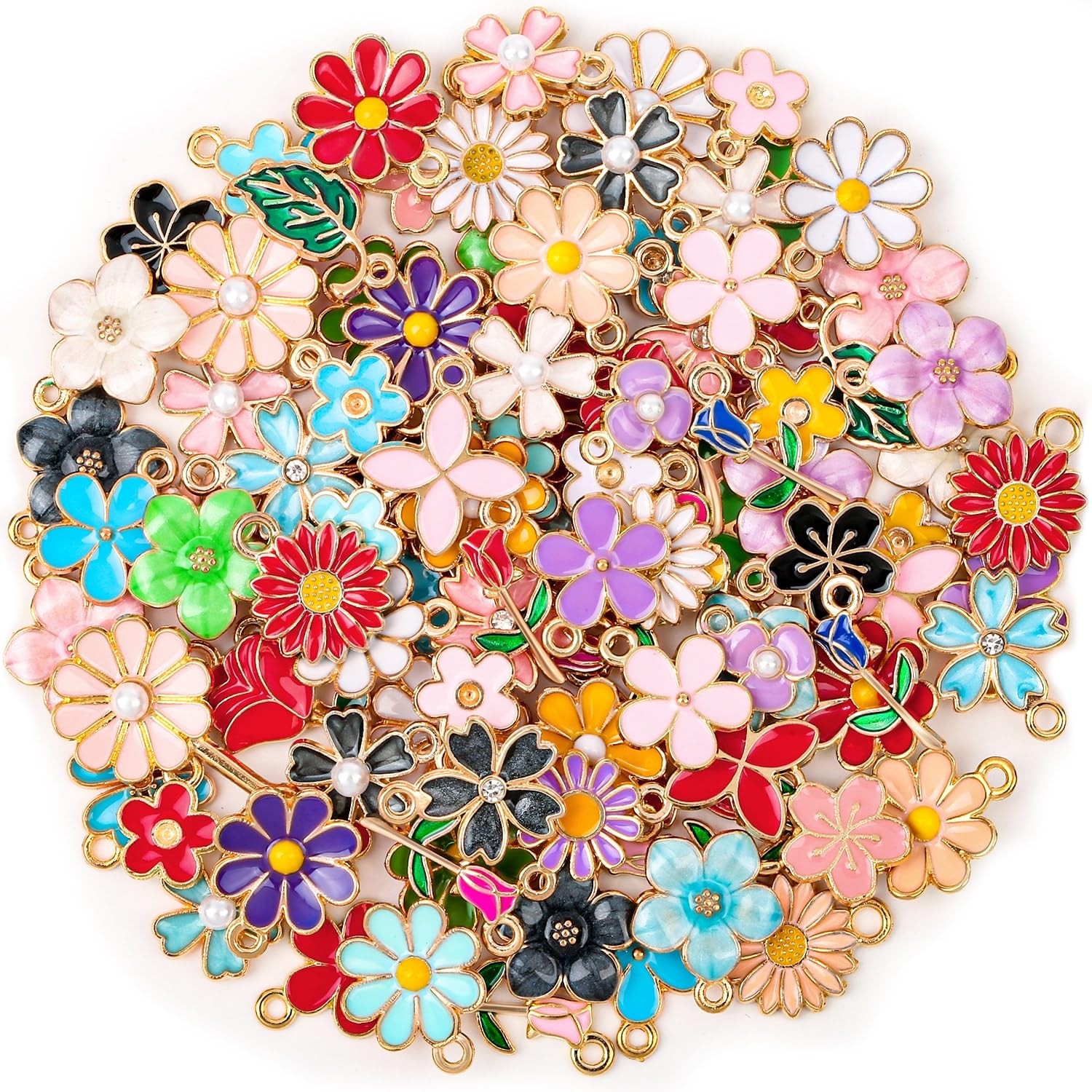 100pc Enamel Flower Charms Bulk Zinc Alloy Mixed DIY Jewelry Making Kit w/ Box
