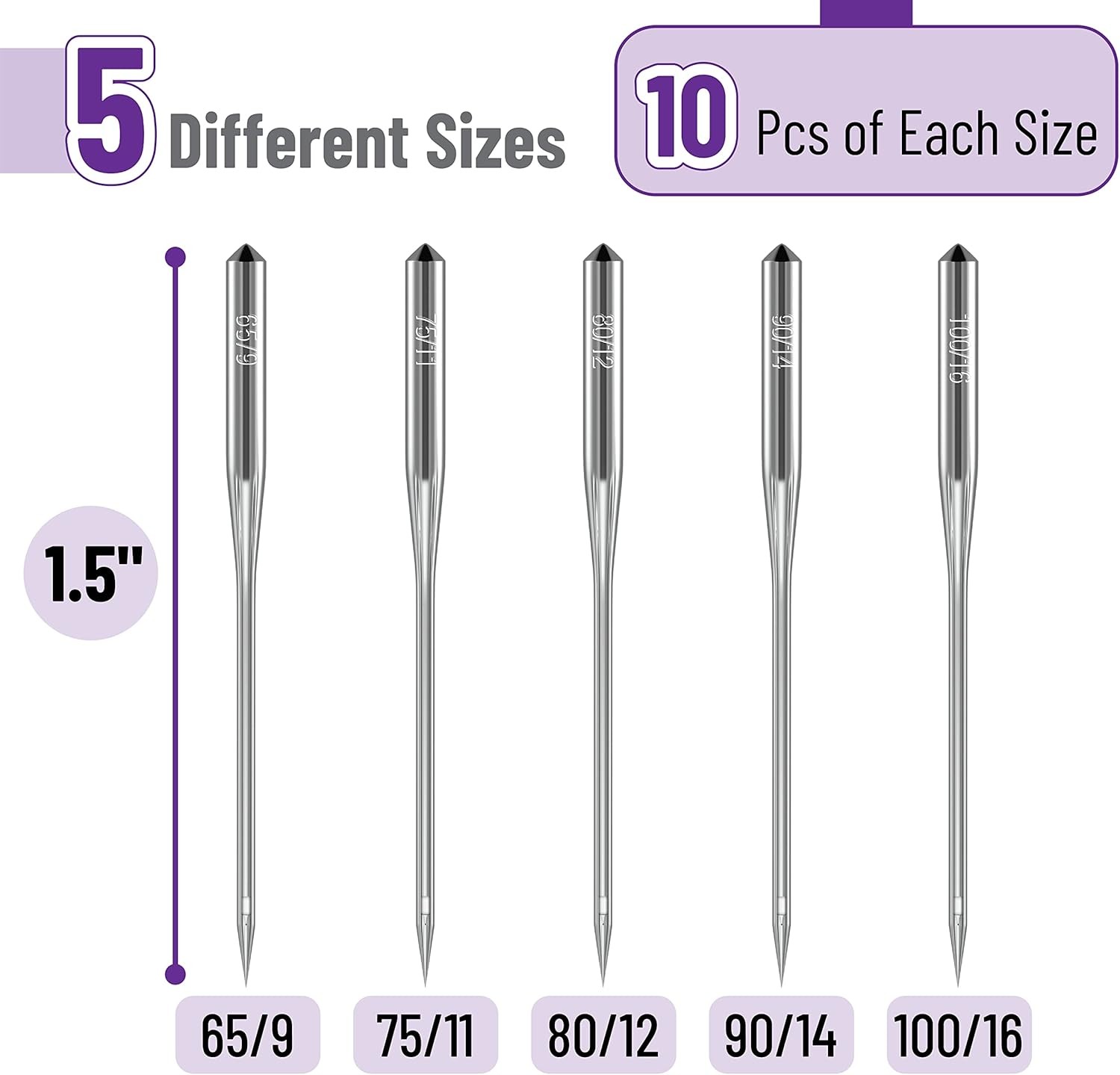 50 Pack Universal Sewing Machine Needles Assorted Sizes Singer Brother Janome XS
