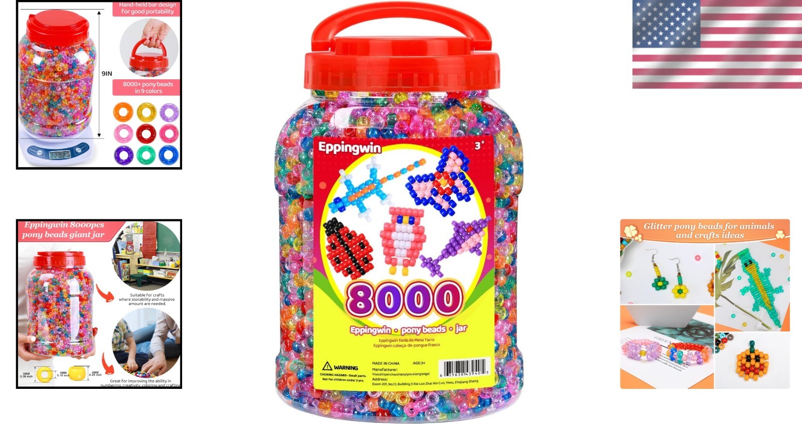 Large Pony Bead Bulk Bucket – 8000+ Beads, Glitter Color