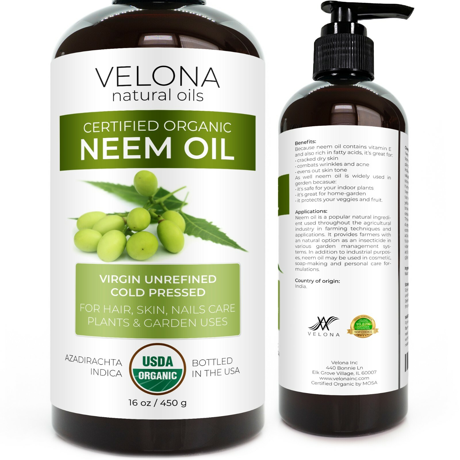 Velona Neem Oil USDA Certified Organic – 16 oz Virgin, Unrefined, Cold Pressed