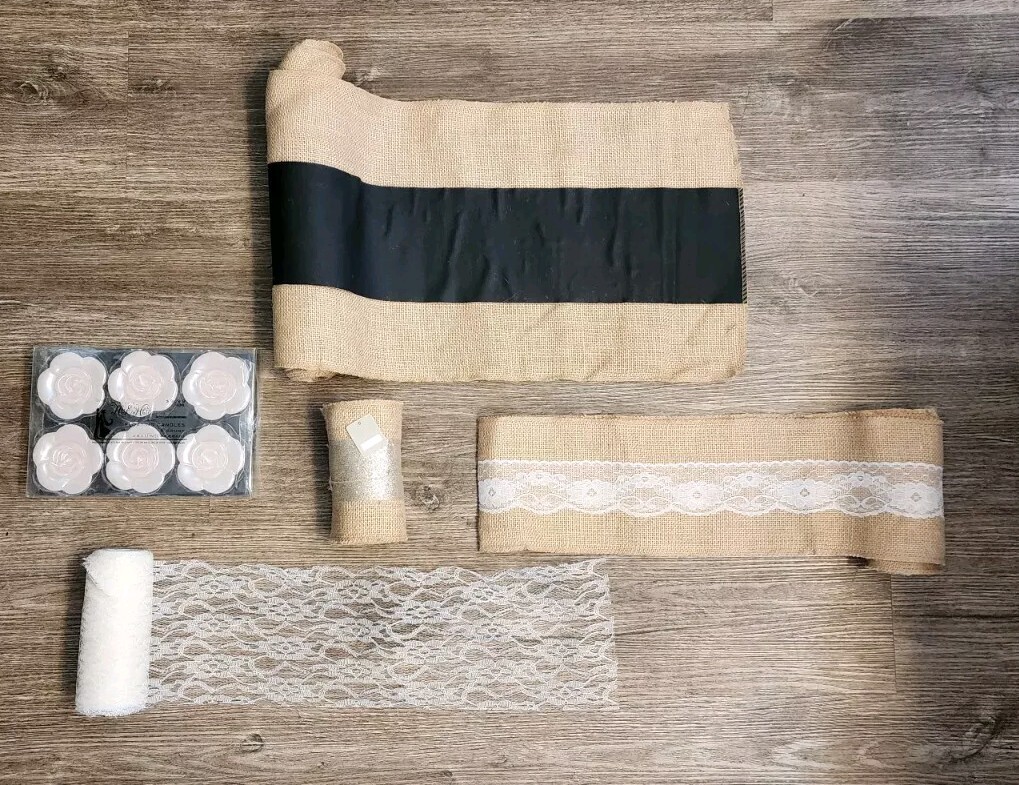 3 Burlap Wraps, 1 Lace Bolt, Pack of Floatig Candles Details In Description