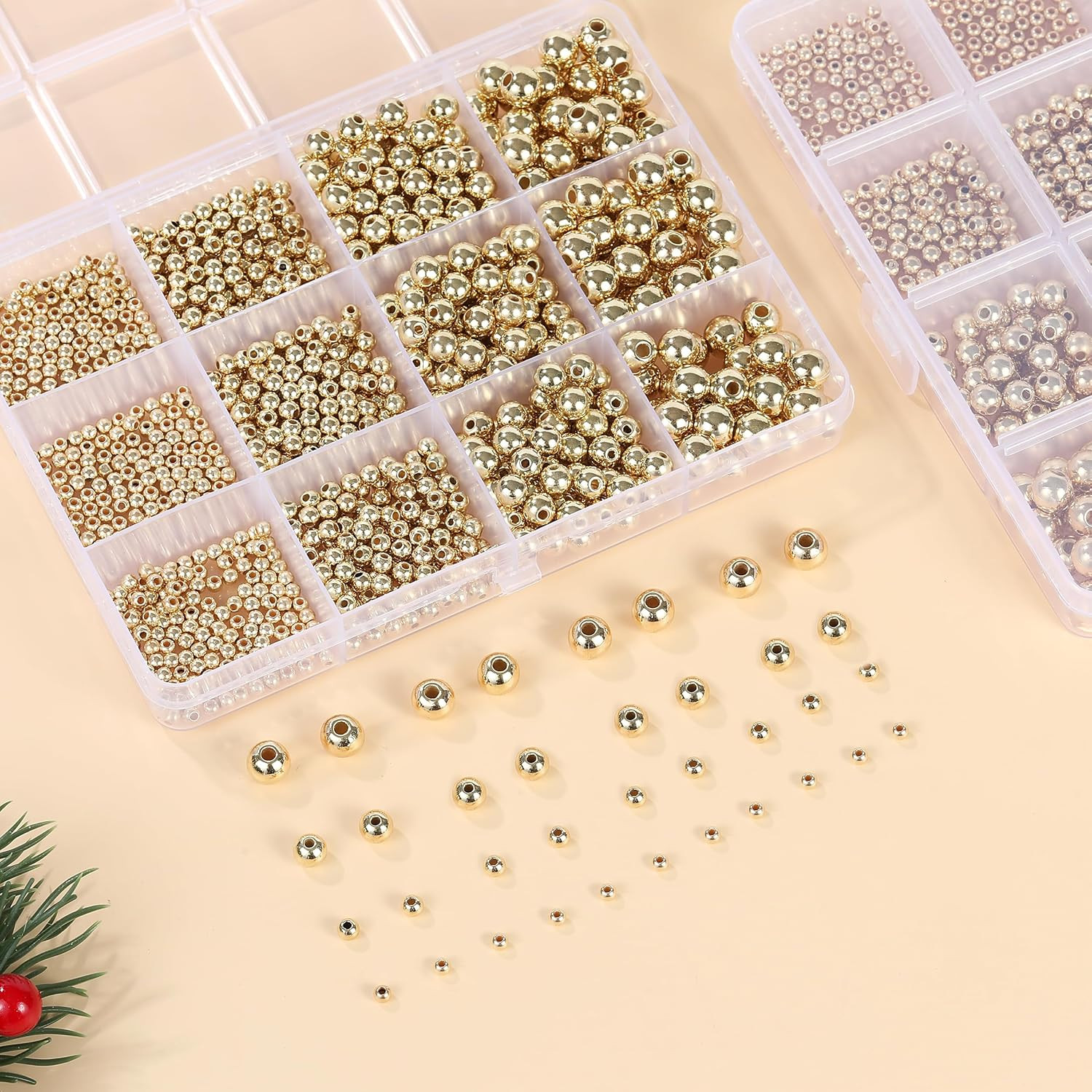 1100 Pcs Smooth Round Beads – 3/4/6/8mm Gold Spacer Loose Ball Bead Kits for Bra