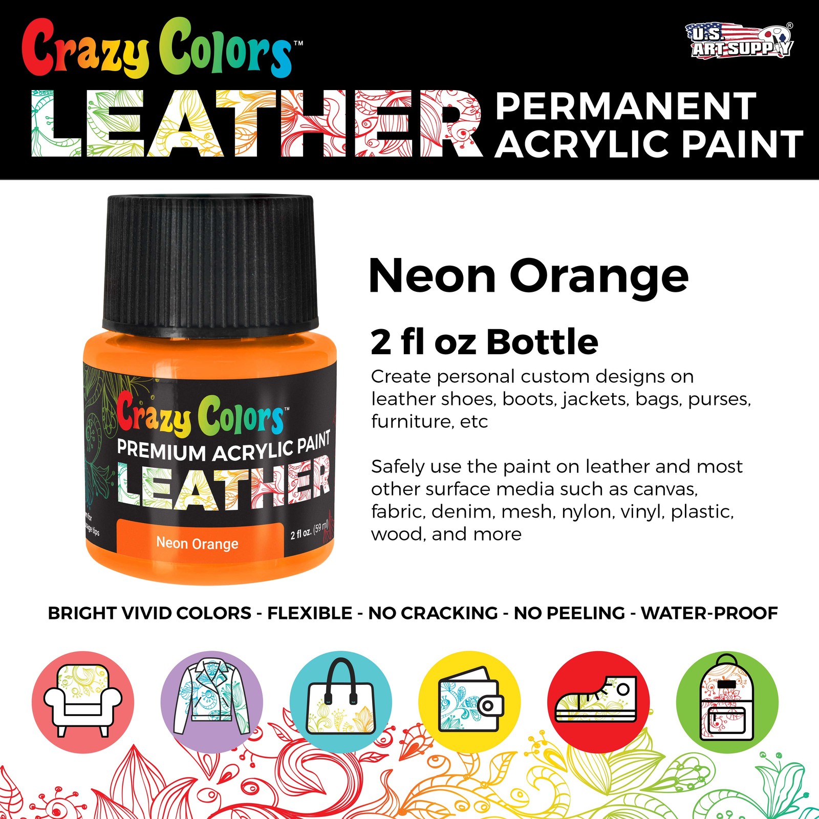 Neon Orange Premium Acrylic Leather Shoe Paint, 2 oz – Sneakers, Jackets, Bags