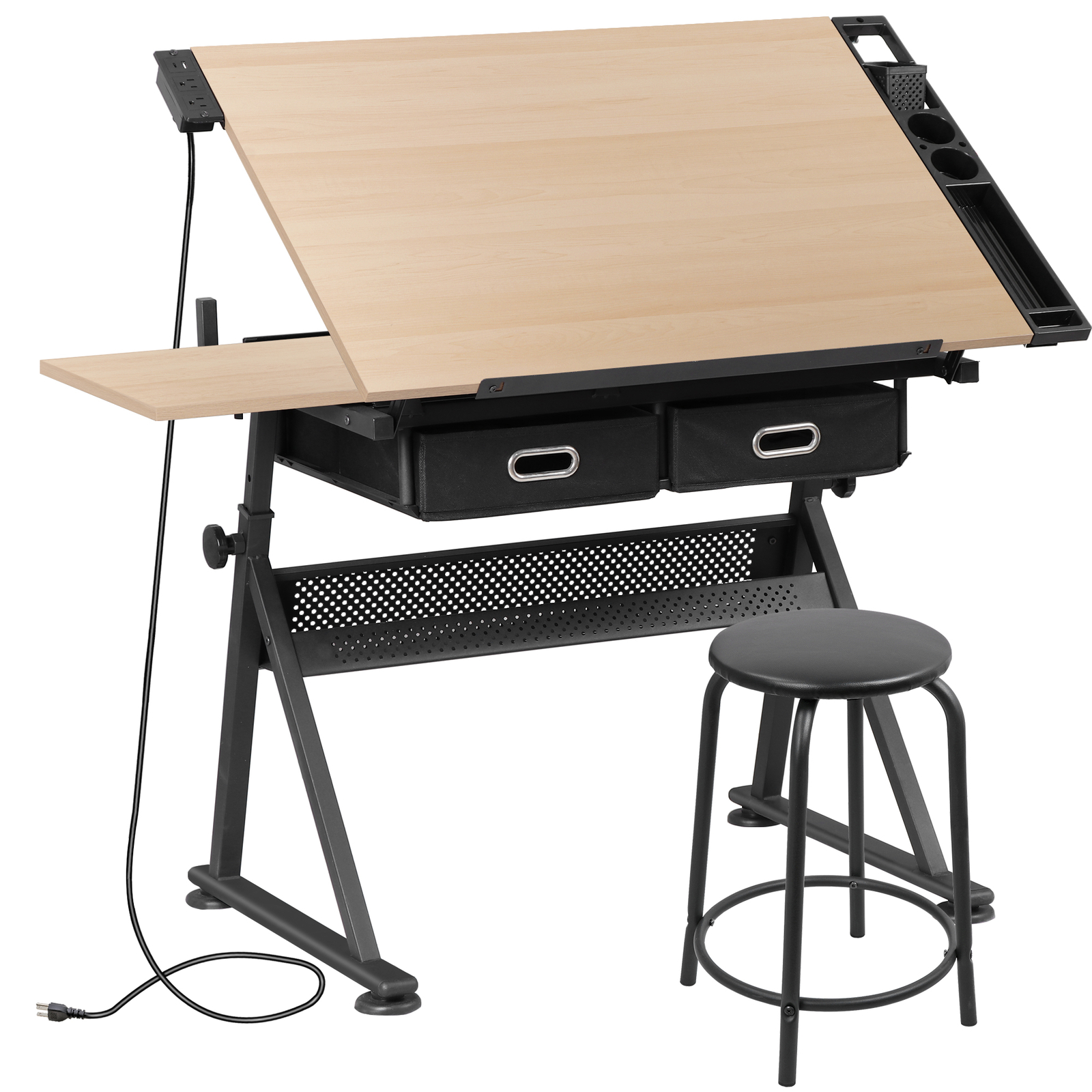 Adjustable Artist Table Tilted Tabletop Drafting Stool & Storage Drawer Natural