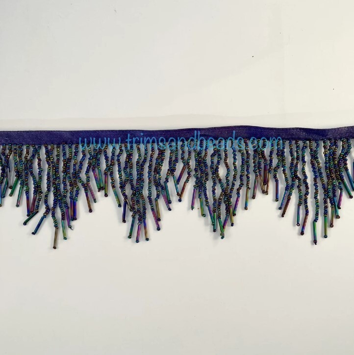 By Yard-3″ BLACK AB Glass SEED and TUBE Bead CHEVRON Beaded Fringe Trim
