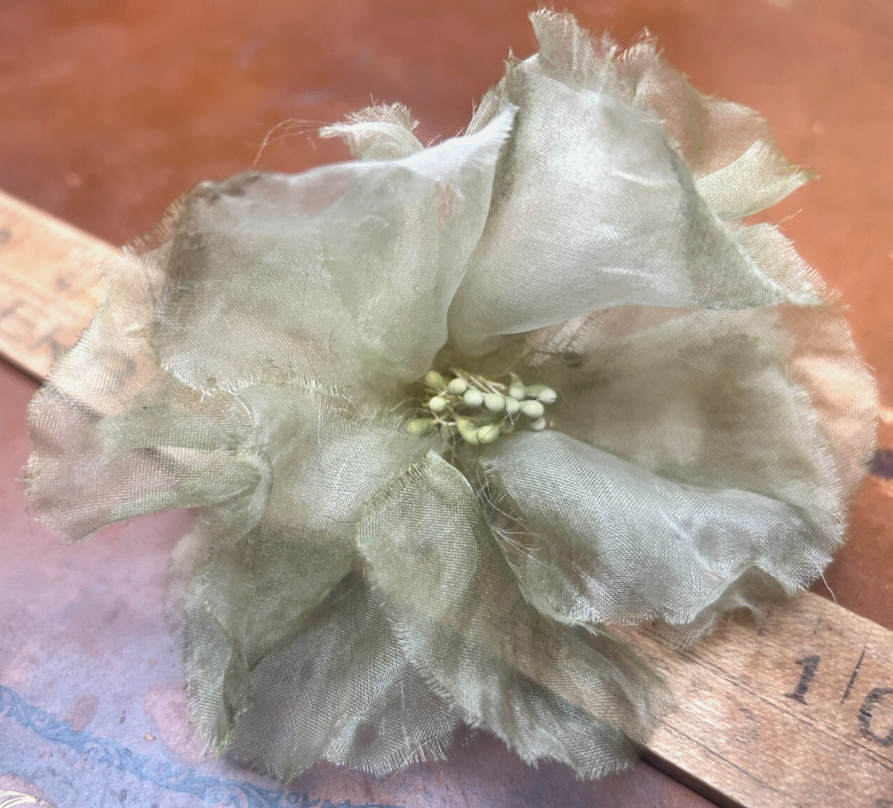 vtg millinery 1960s flower 4.5″ oregano hand rolled organza 1pc made in USA