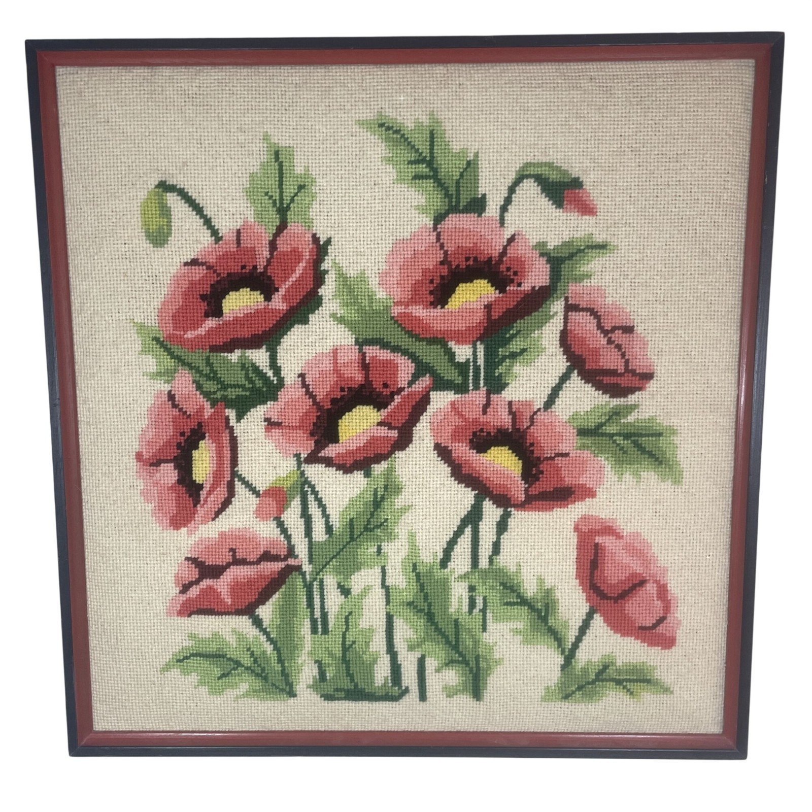 Vintage Framed Needlepoint Red and Yellow Poppy Flowers Textile Wall Art Padded