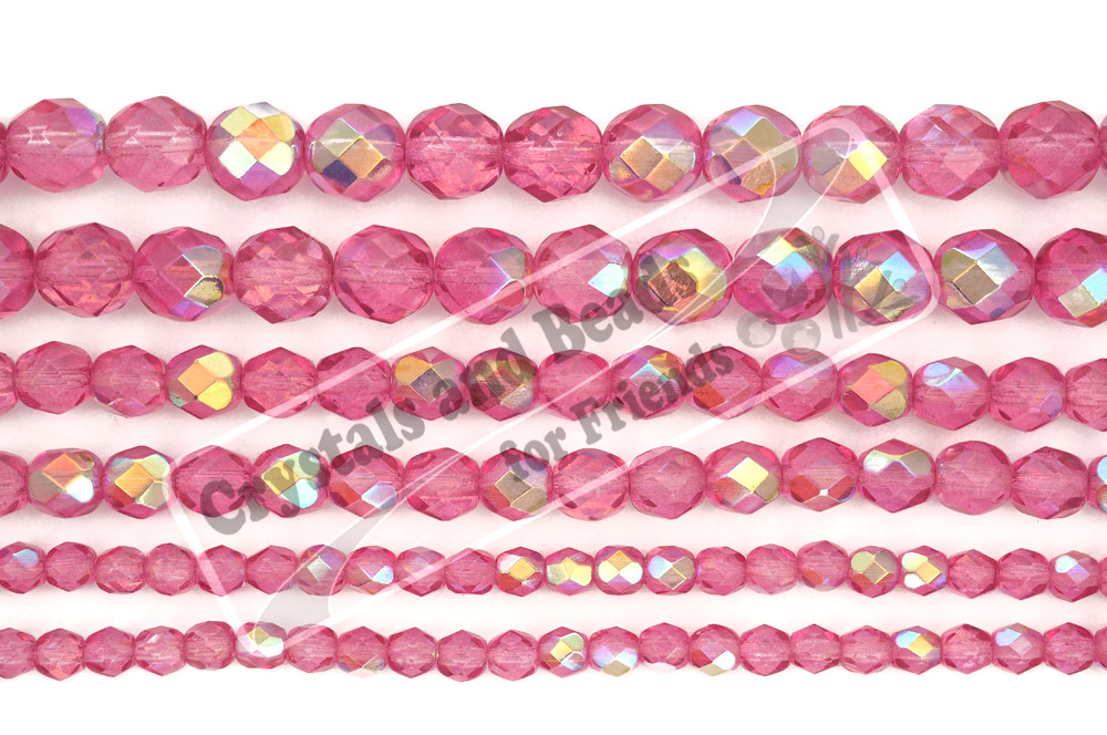 Czech Glass Fire Polished Round Faceted Beads in Crystal Pink Rose AB coated 16″