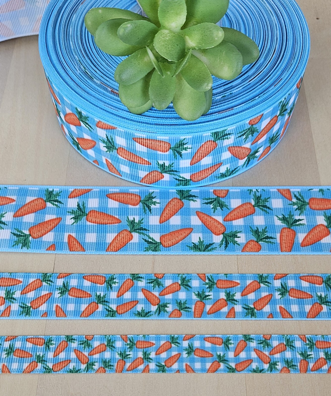 5/8, 7/8 & 1.5″ (1 YD) Easter Carrots Grosgrain Ribbon Blue & White Gingham