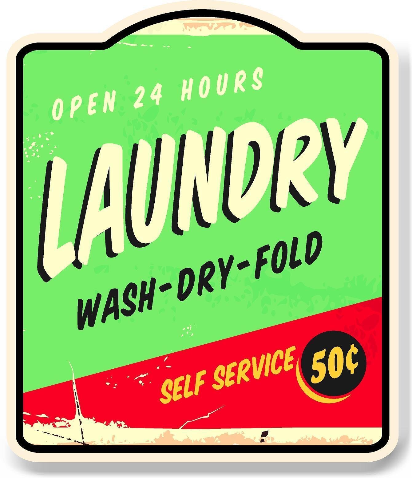 Laundry Open 24 Hours Self Service Shop Retro Vintage Aluminum Composite Sign
