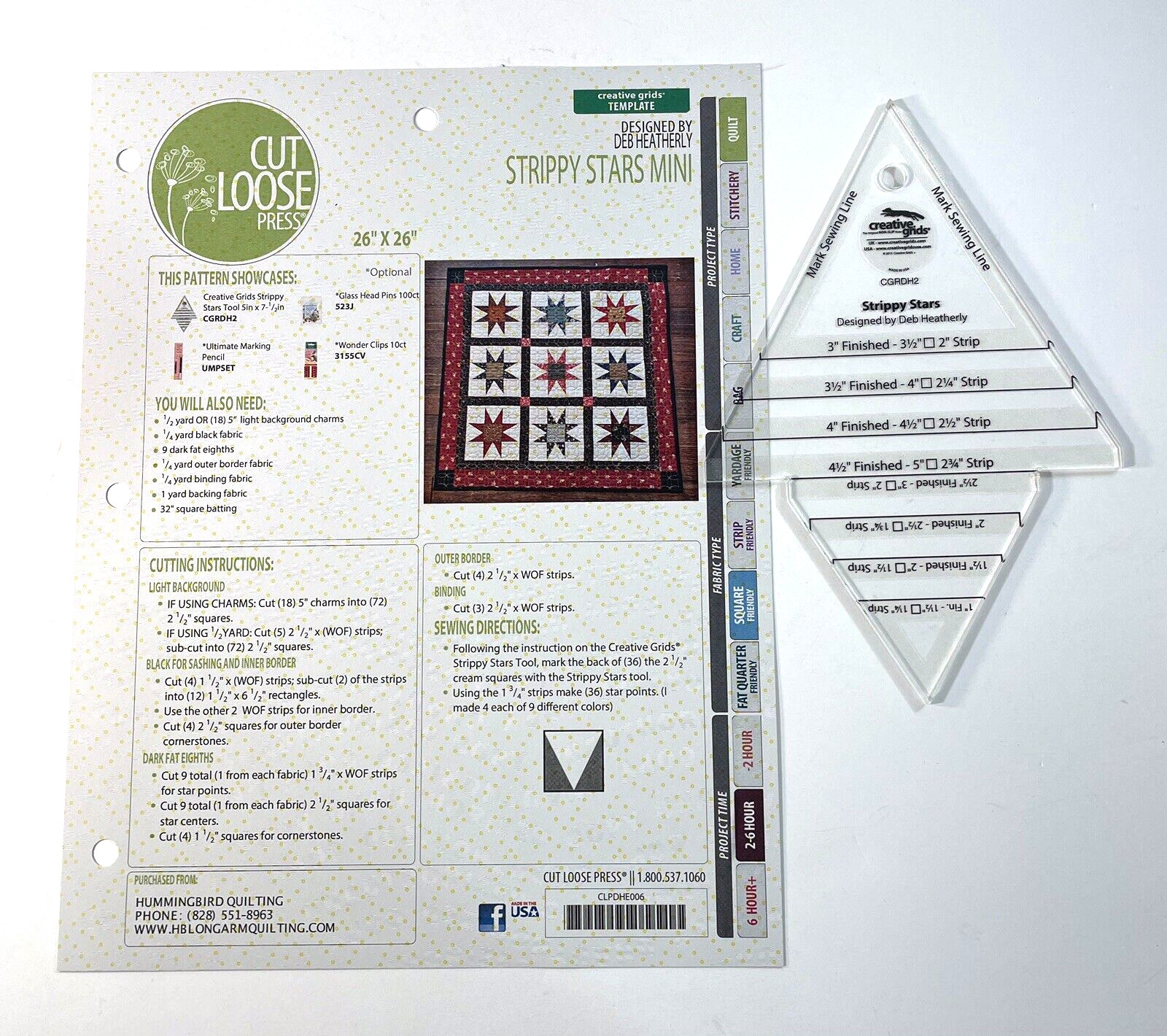 Creative Grids Strippy Stars Tool Quilt Ruler Quilting Temple CGRDH2 + Pattern