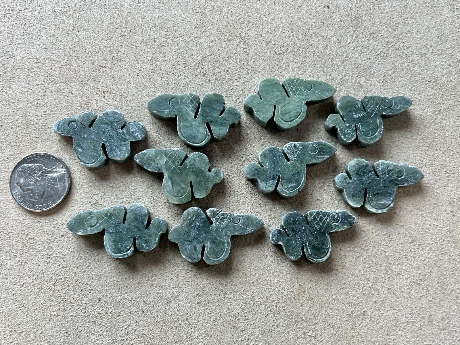 10 Carved Green Stone Snake Pendants No Hole New Old Stock Lot Jewelry Making
