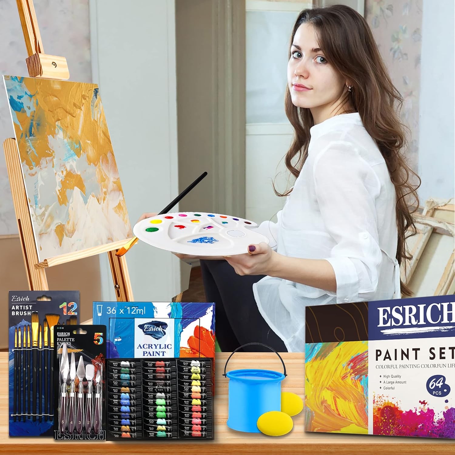 ESRICH Acrylic Paint Set,64PCS Painting 14.76 Fl Oz (Pack of 1), 36Color