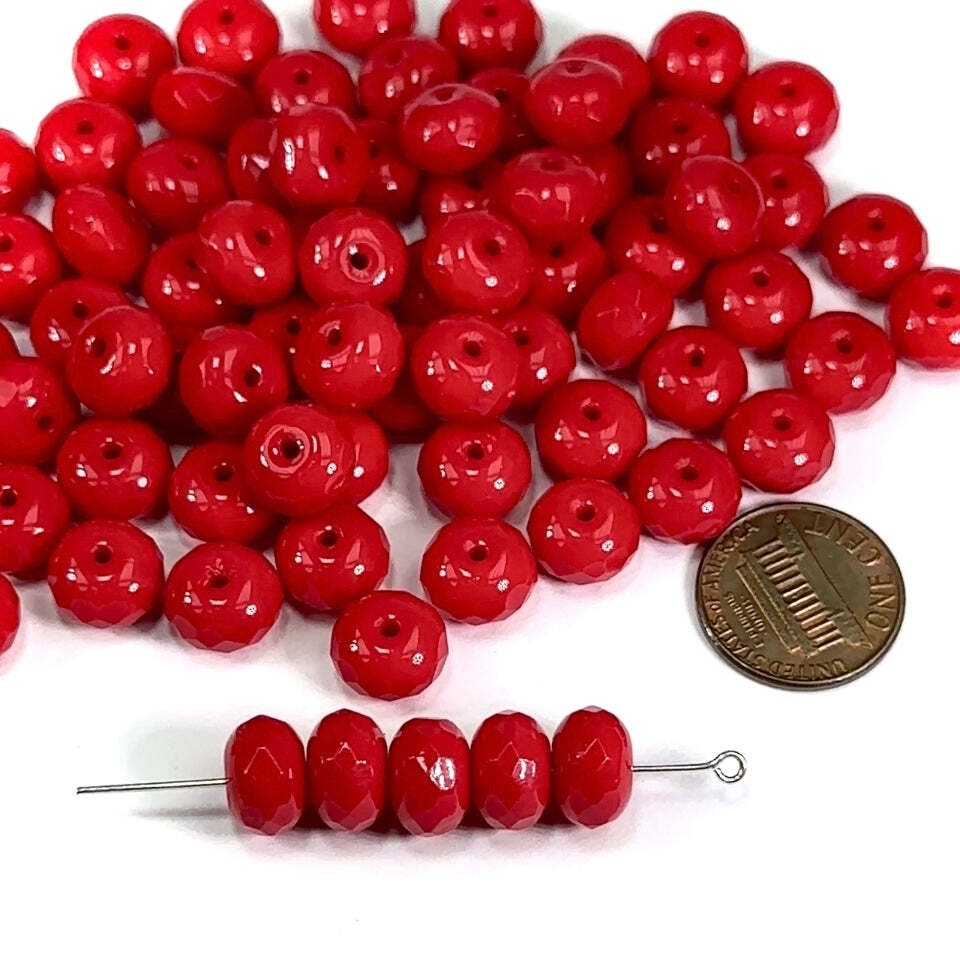 Czech Faceted Glass Doughnut FP Rondelle Spacer Beads 11mm Red Opaque 12pcs J498
