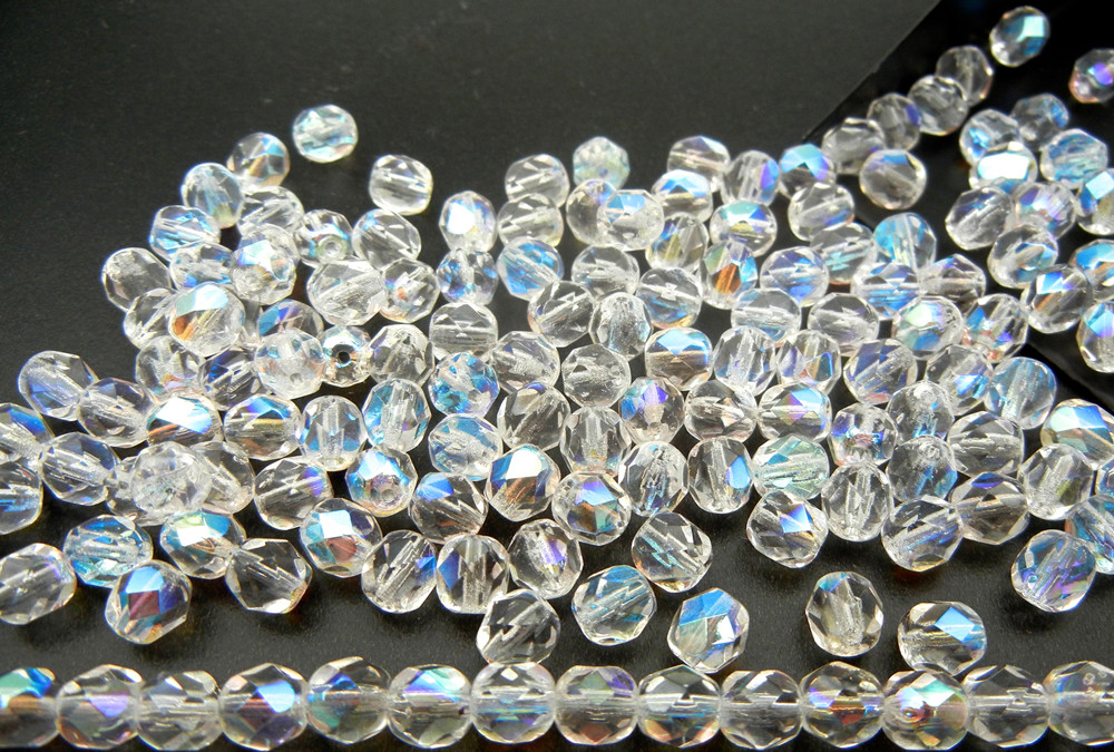 Czech Fire Polished Round Faceted Glass Beads Crystal AB clear Aurora Borealis