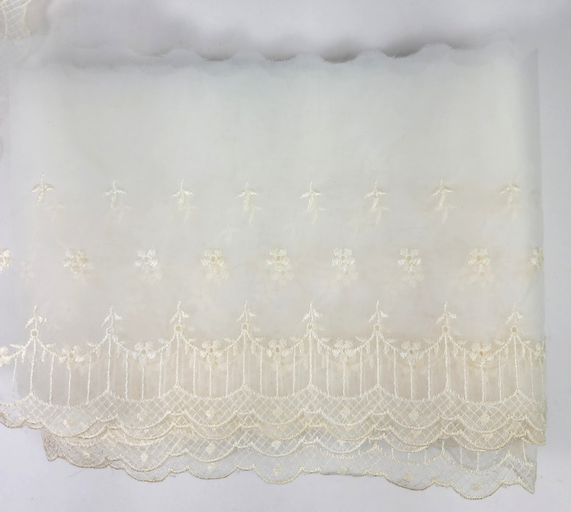 Vtg Light Cream Floral Embroidered Sheer Border Lace Trim Eyelet Scallop 5″ Wide