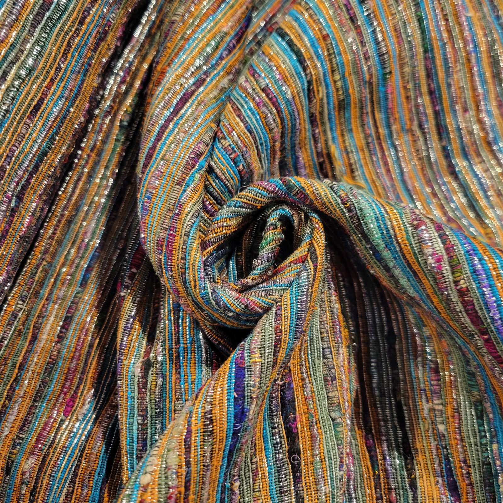 ‘Teal’ Colors, Metallic Silver Handwoven Silk Fabric, Sari Waste, Eco-Friendly
